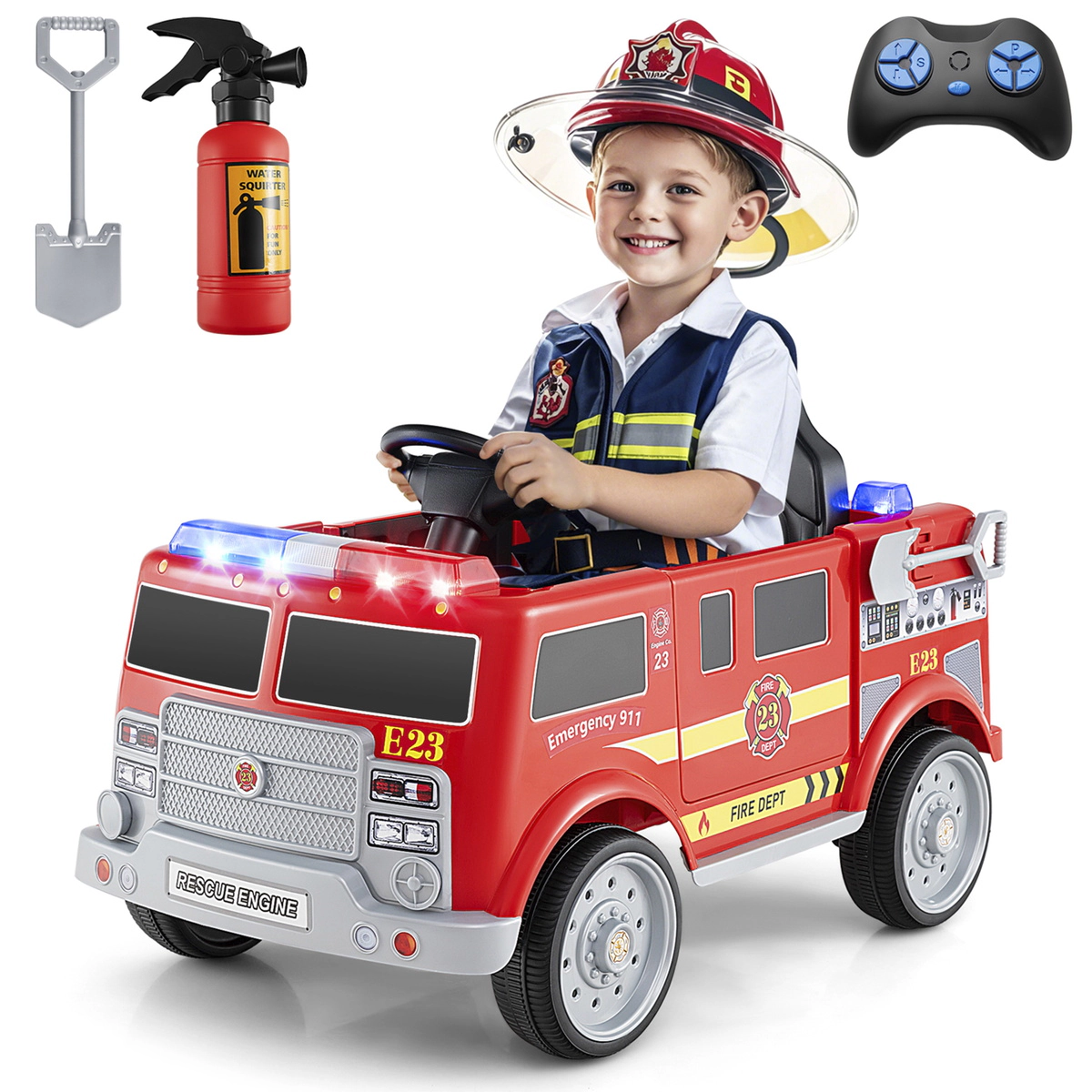 SUGIFT Kids Ride On Fire Truck with Remote Control and Extinguisher 66-lb Capacity Ages 3-8 Years 37-in Body Red
