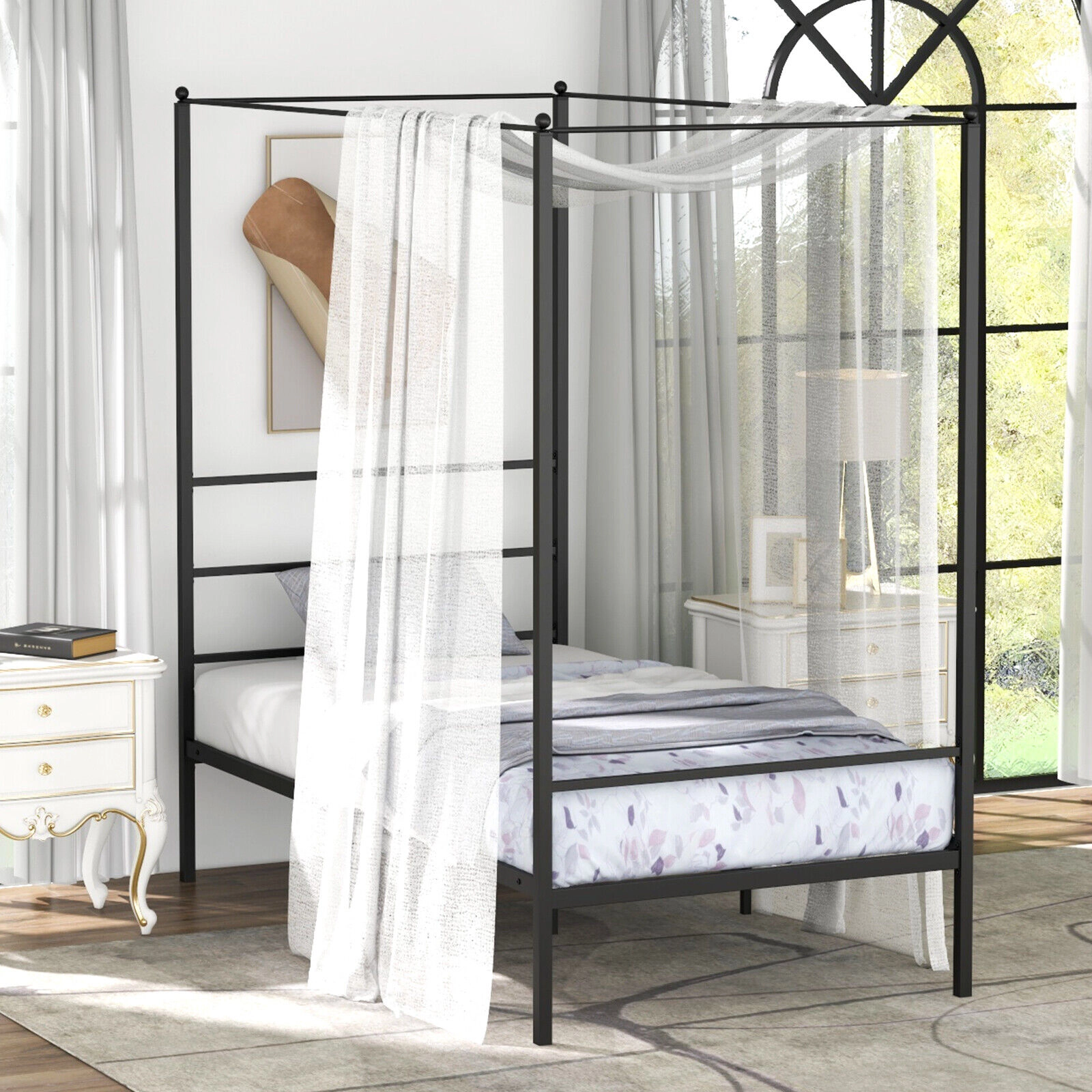 SUGIFT Twin Metal Canopy Bed Frame, Black, 4-Post Platform Bed