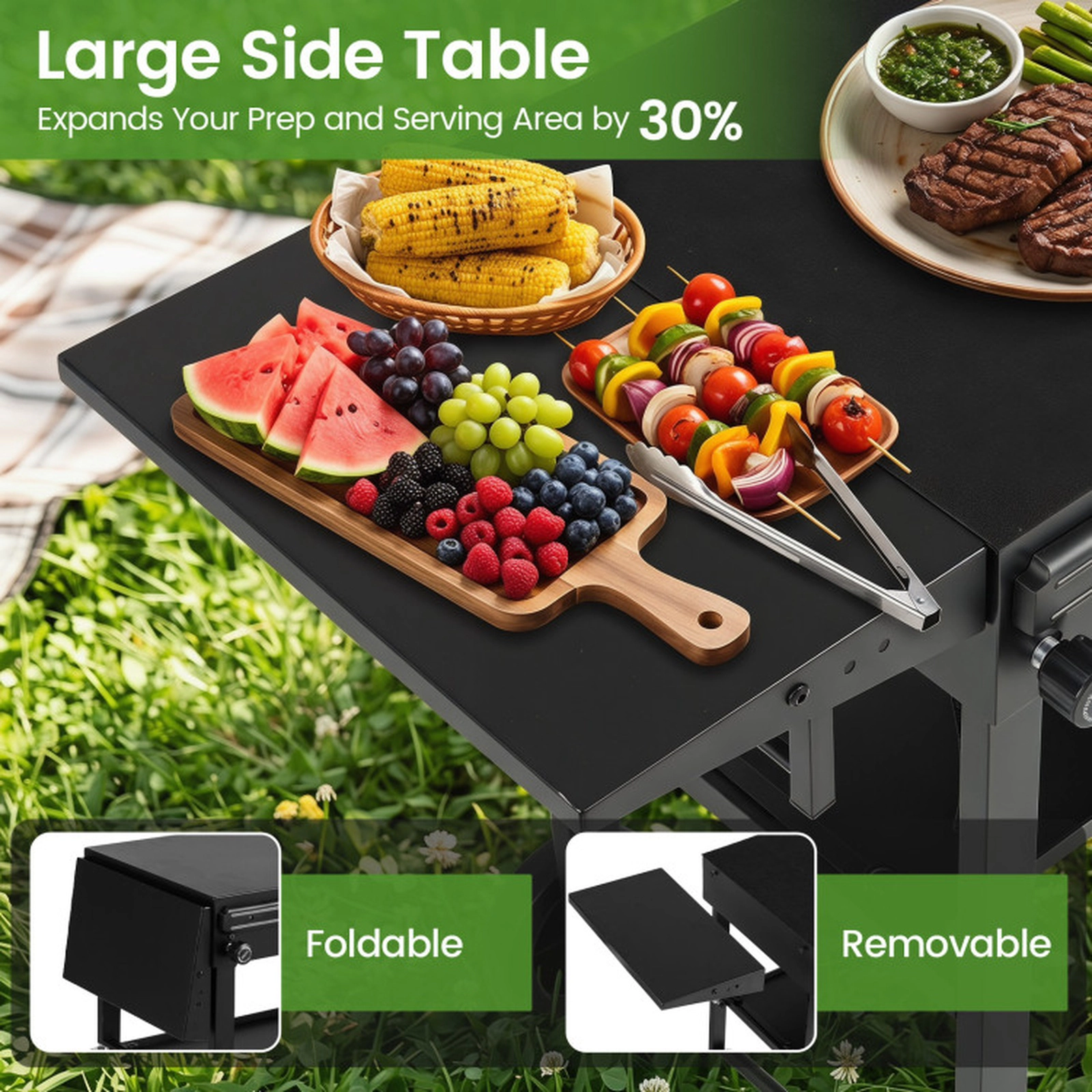 SUGIFT Foldable Outdoor Grill Cart Grilling Table 300-lb Capacity with Storage Shelf and Griddle Caddy Black