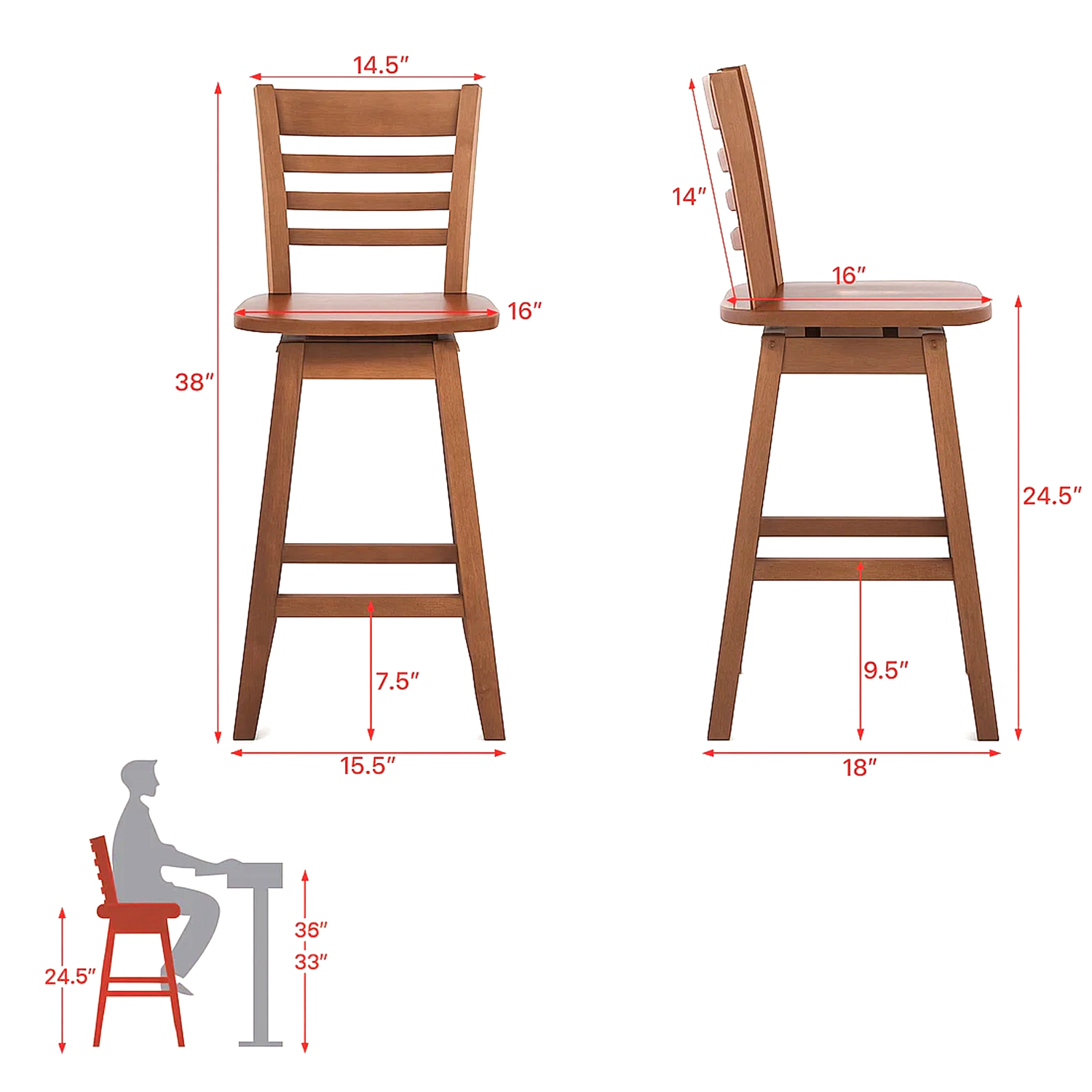 Hivvago Set of 2 Counter Height Bar Stools with Footrest for Kitchen Island
