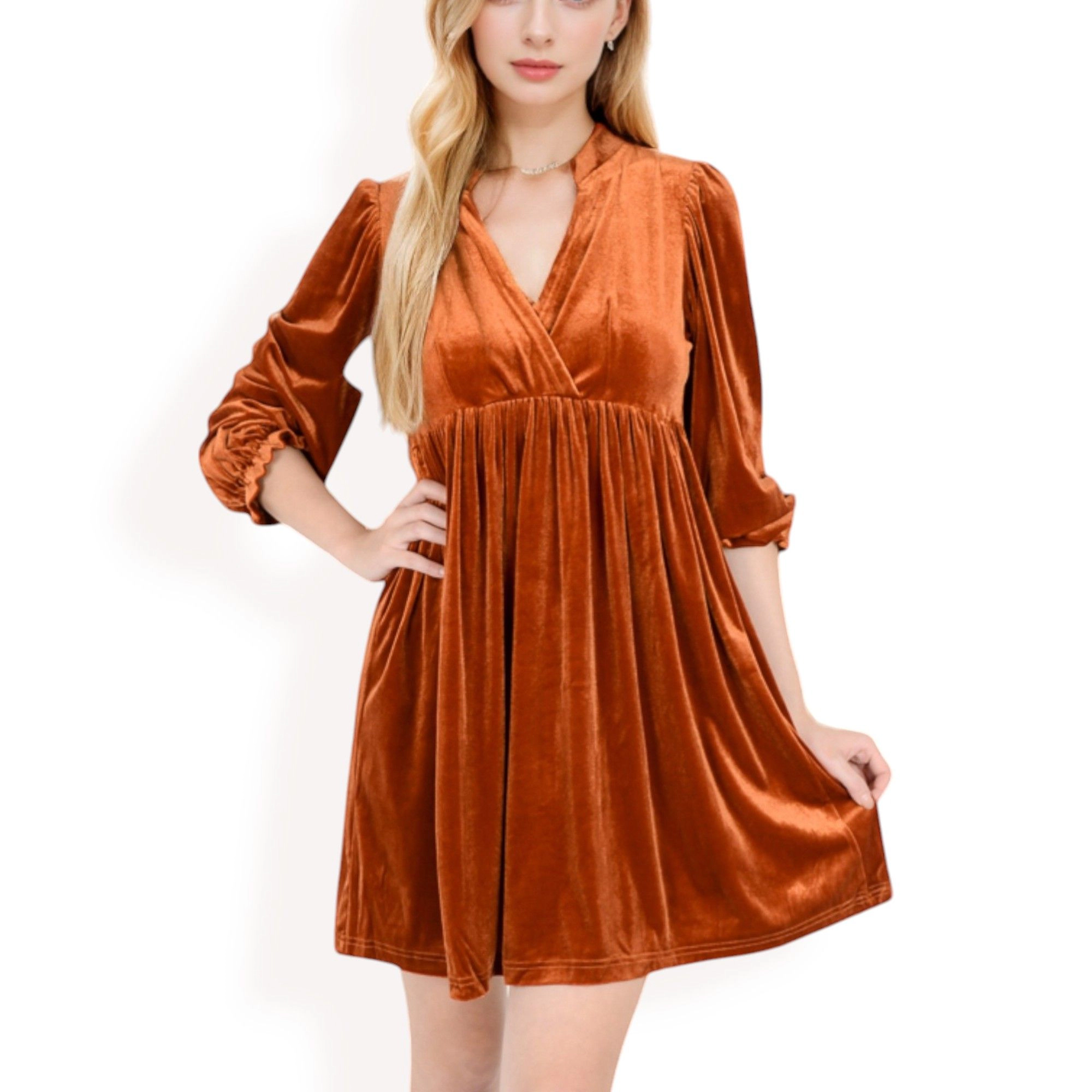 Anna-Kaci Women's Velvet V-Neck Ruffle Cuff Long Sleeve Dress