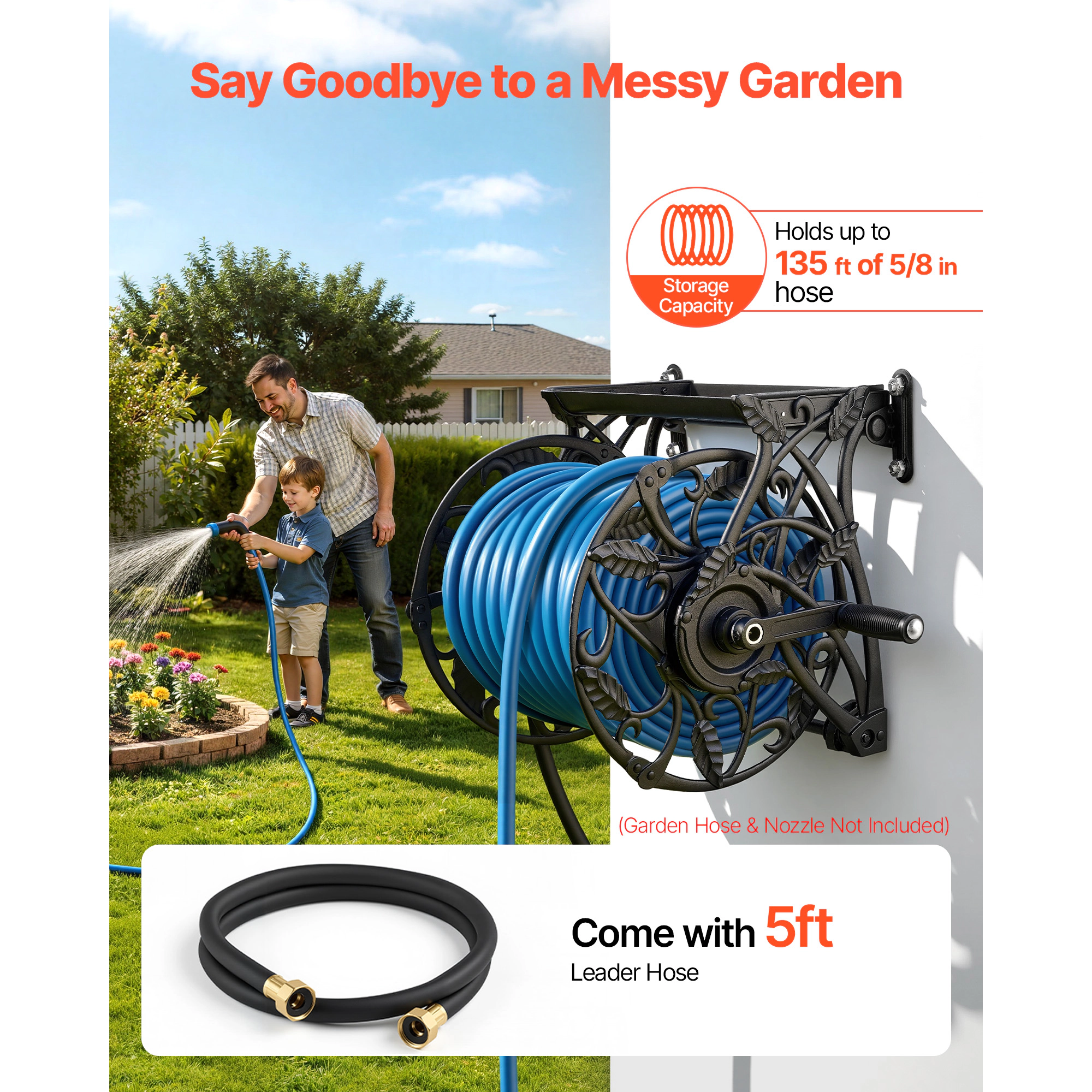 HONGGE Heavy-Duty Wall Mounted Garden Hose Reel Holds 5/8-inch Hose Outdoor Winder