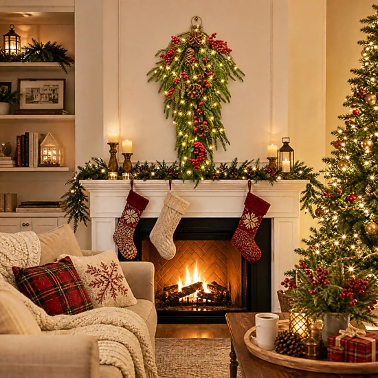 Howbow 24 Inch Pre-Lit Christmas Teardrop Swag, 20 Lights, 8 Modes ...