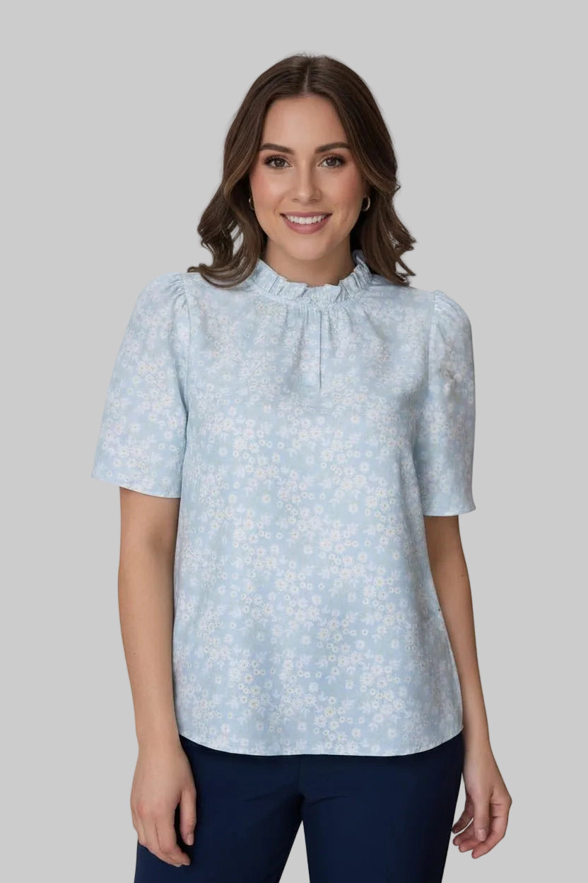 DressAtR Women's Ruffle High Neck Button Back Short Sleeve Blue Blouse