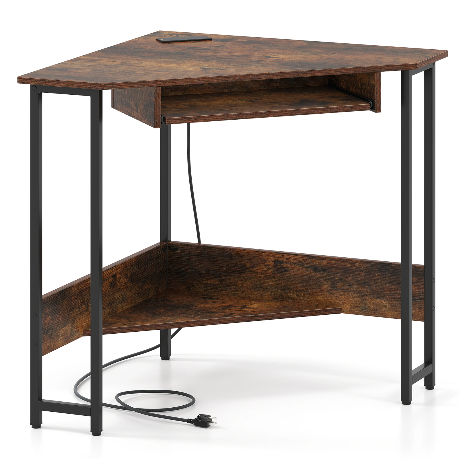 LJG Triangle Corner Desk with Charging Station Keyboard Tray and Storage Shelf