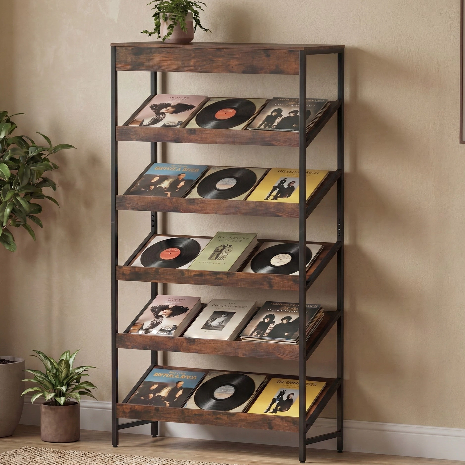 SUGIFT Rustic Brown 6-Tier Tall Bookshelf 63.5 in with Angled L-Shaped Shelves