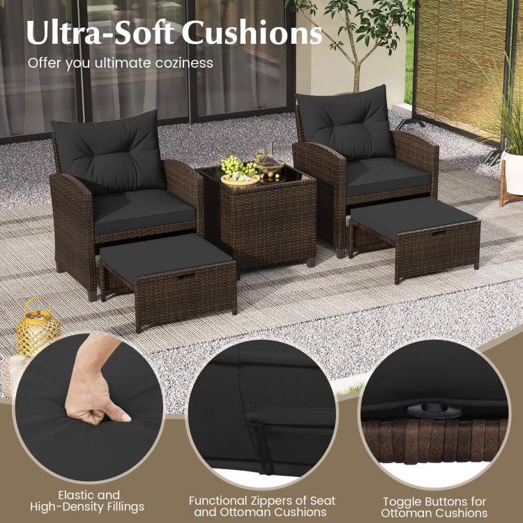 Hivvago 5 Pieces Patio Rattan Furniture With 2 Ottomans And Tempered Glass Coffee Table