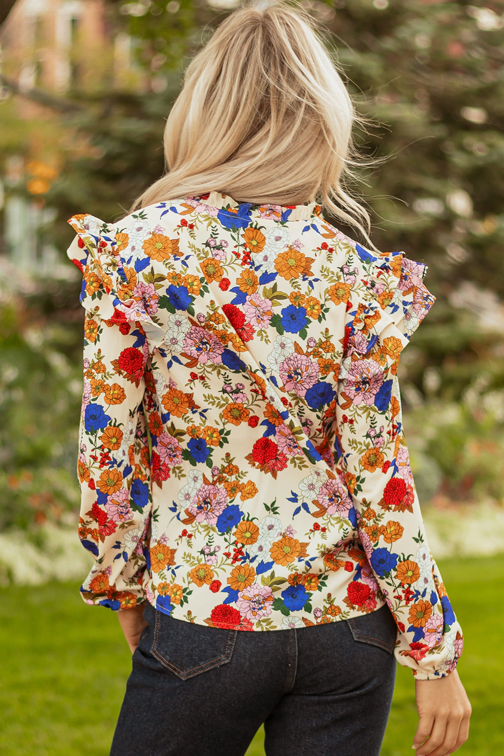 Threaded Pear Women's Apricot Ruffled Shoulder Long Sleeve Floral Blouse