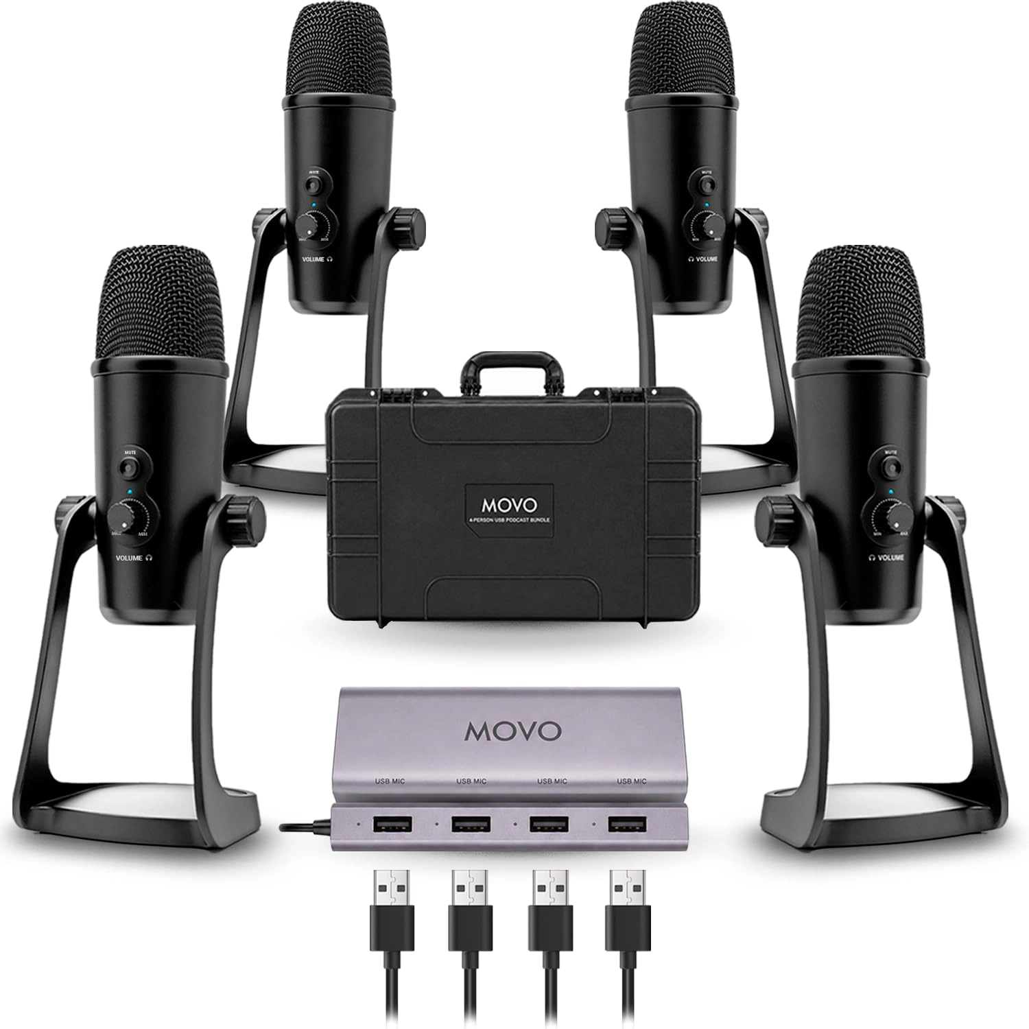 Movo 4-Person USB Podcast Equipment Bundle – 4 Condenser Mics, Hub and Case