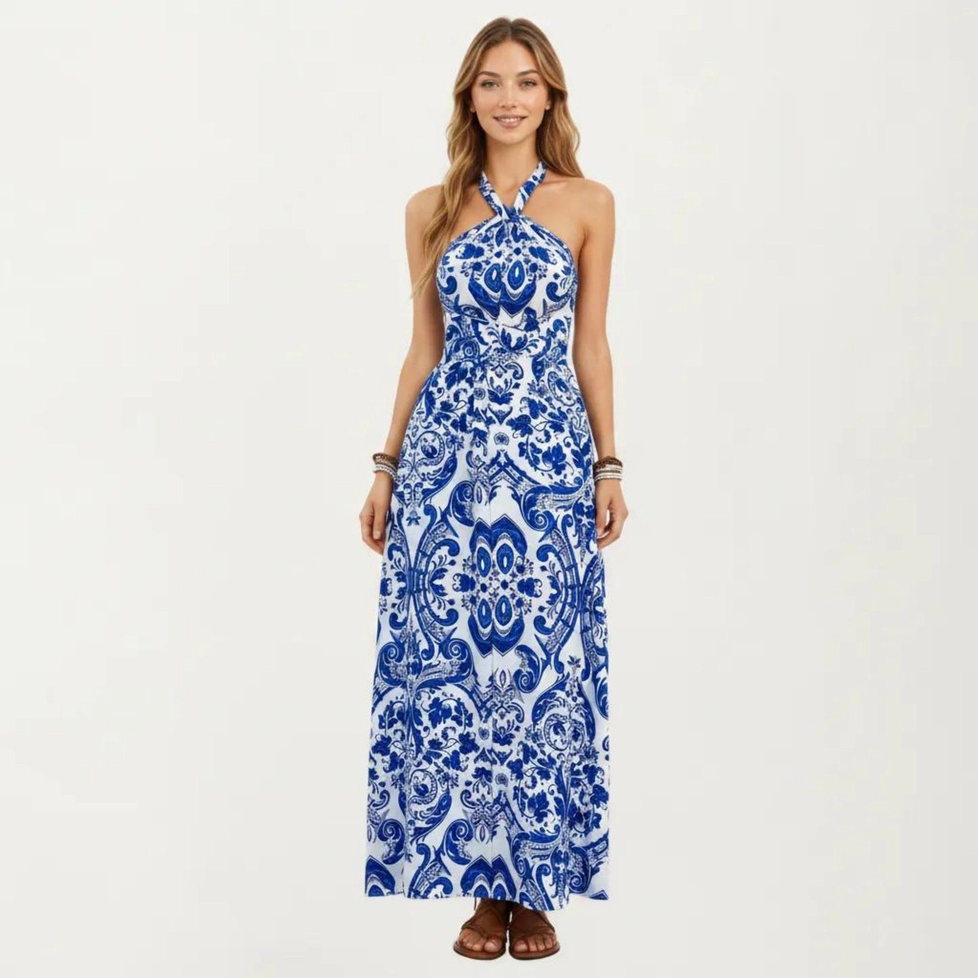 Anna-Kaci Women's Mediterranean Tile Print Halter Criss-Cross Back Maxi Dress