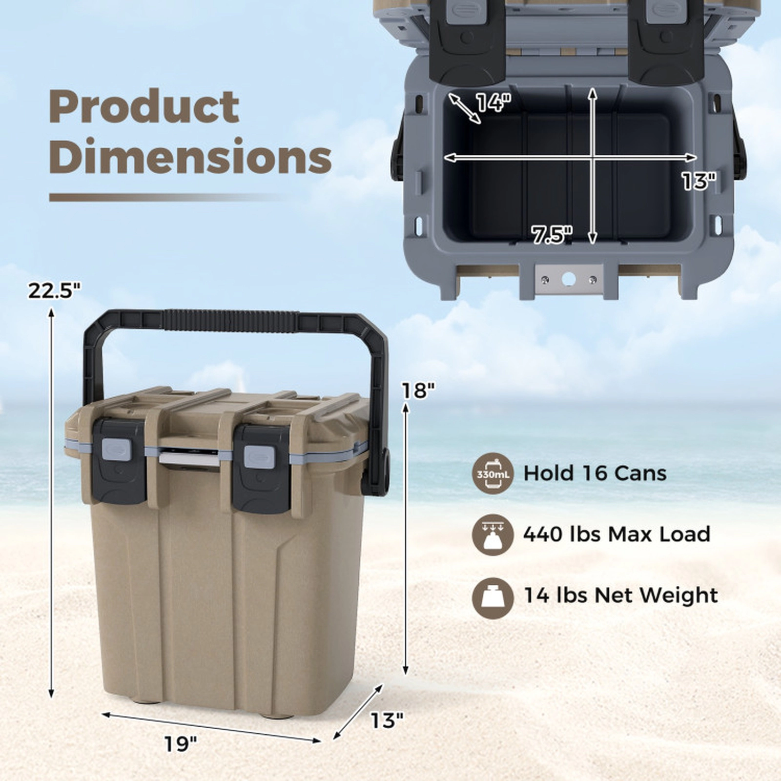 SUGIFT Injection Molded 21-Quart Hard Ice Chest 440-lb Capacity 19-in Exterior Length 14-lb Coffee/White Cooler