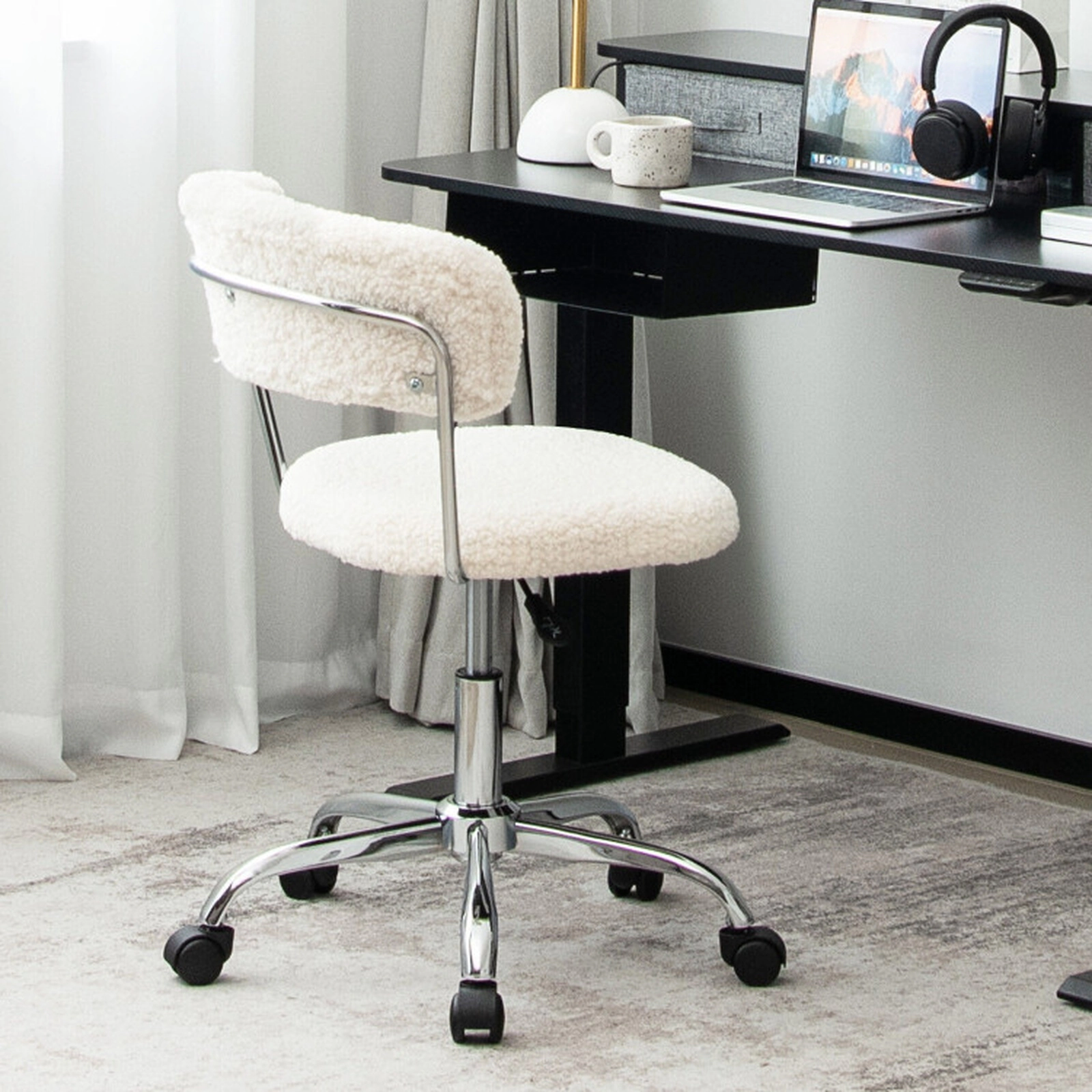 SUGIFT Sherpa Upholstered Armless Swivel Vanity Desk Chair 24-in x 24-in x 28.5-in 330-lb Capacity 5 Casters White