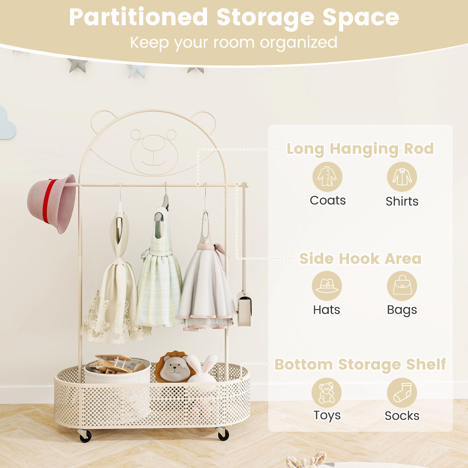 Hivvago Rolling Clothing Rack for Kids with Adjustable Height