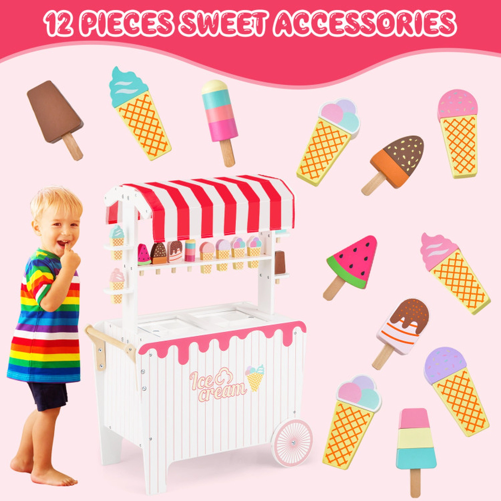 SUGIFT Kids Ice Cream Cart Playset with Display Rack and 12-Piece Accessories 34-in Tall Ages 3+ Blue Pink/Red