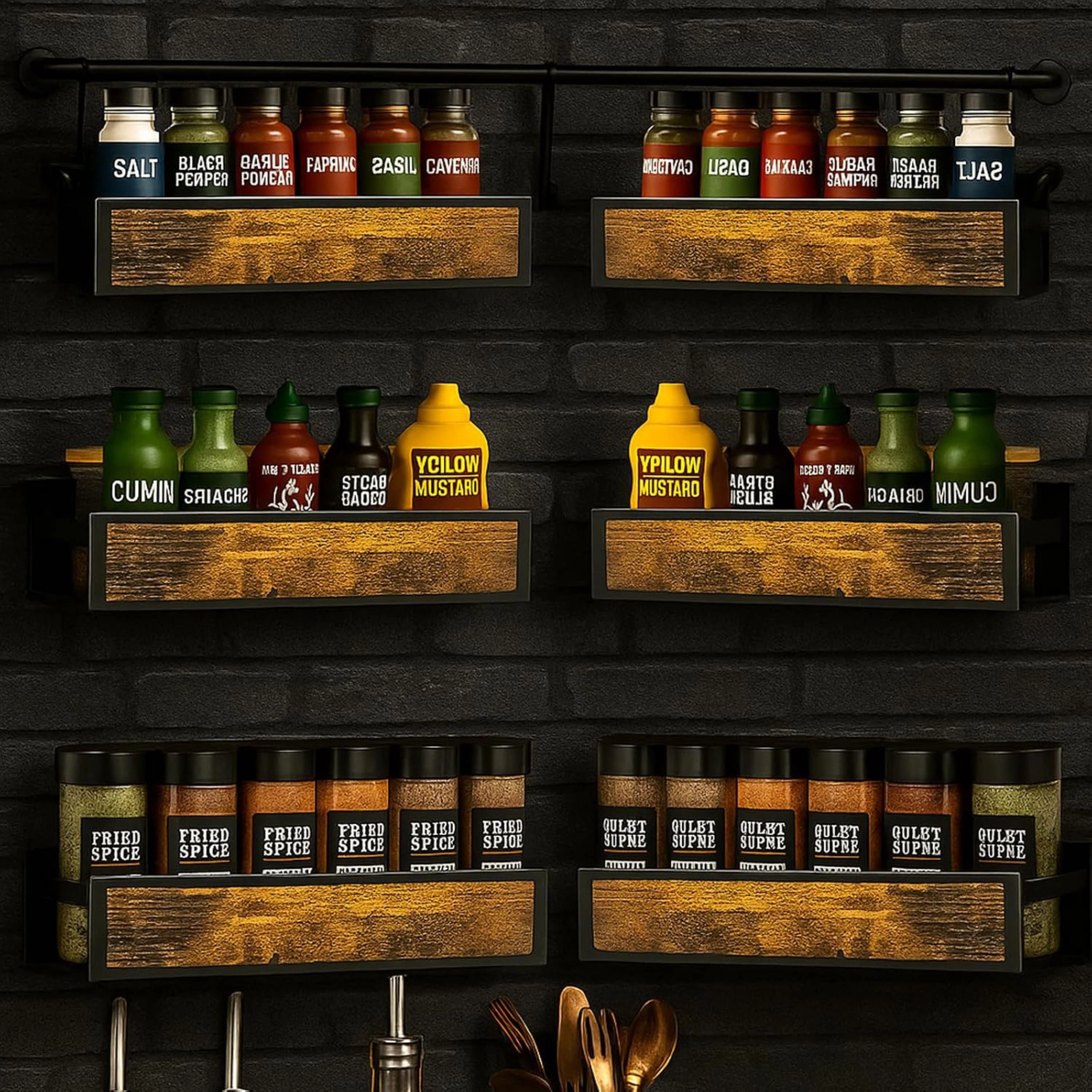 Stock Preferred Pack of 6 Ironwood Wall Mounted Spice Rack Organizer