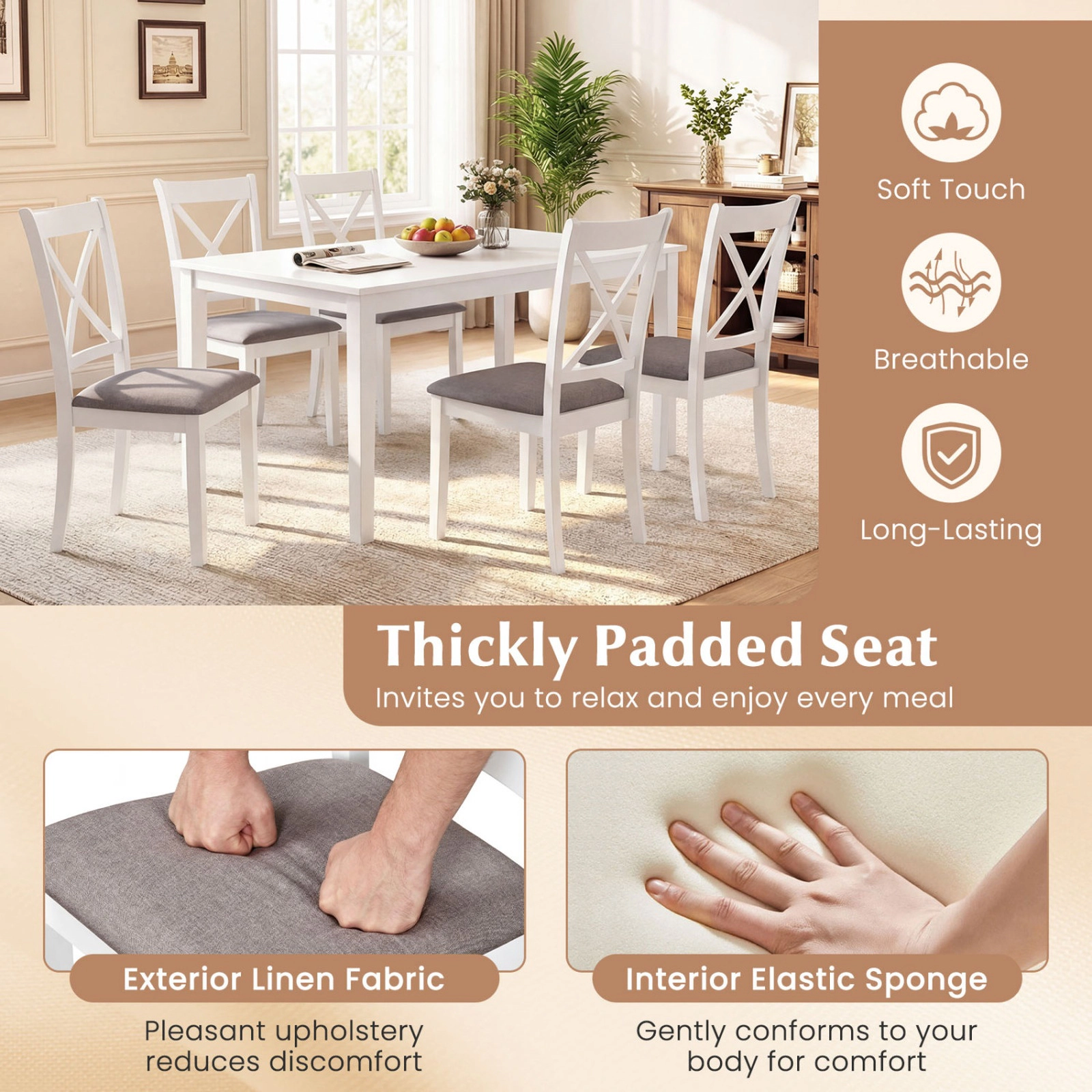 SUGIFT Breathable Hollow-Back Dining Chairs 330-lb Capacity White & Gray with Padded Linen Seat