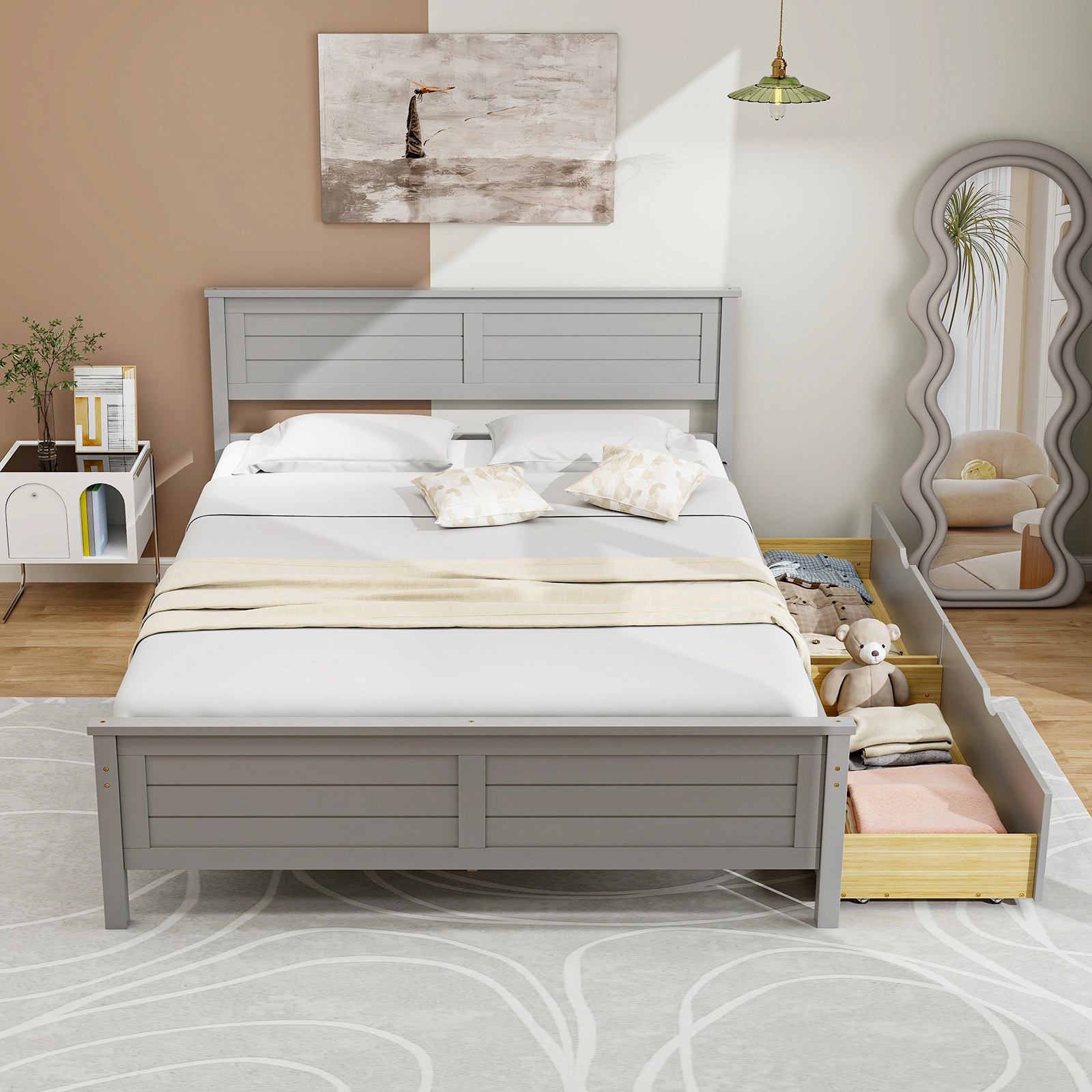 Full Size Bed Frame with 2 Storage Drawers and Solid Wood Headboard Gray Platform Bed with Wooden Slats