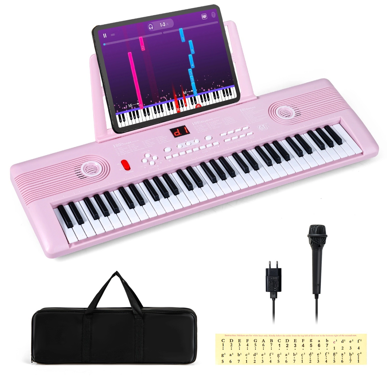 SUGIFT Pink 61-Key Portable Electric Digital Keyboard Piano with Dual Speakers Keynote Stickers and Mic