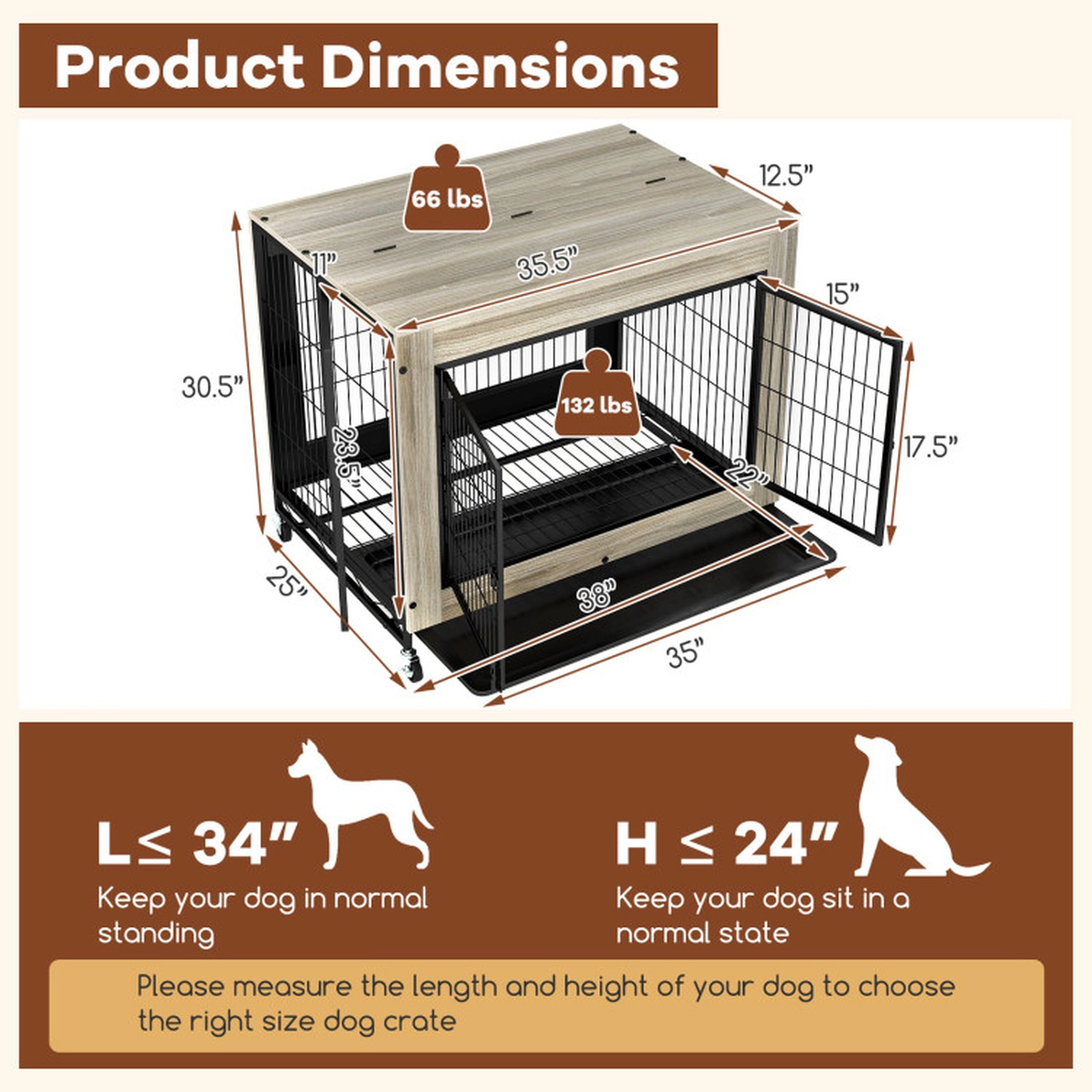 SUGIFT Gray 66-lb Tabletop Capacity Industrial Dog Kennel with Flip-up Top 3 Doors and Removable Tray