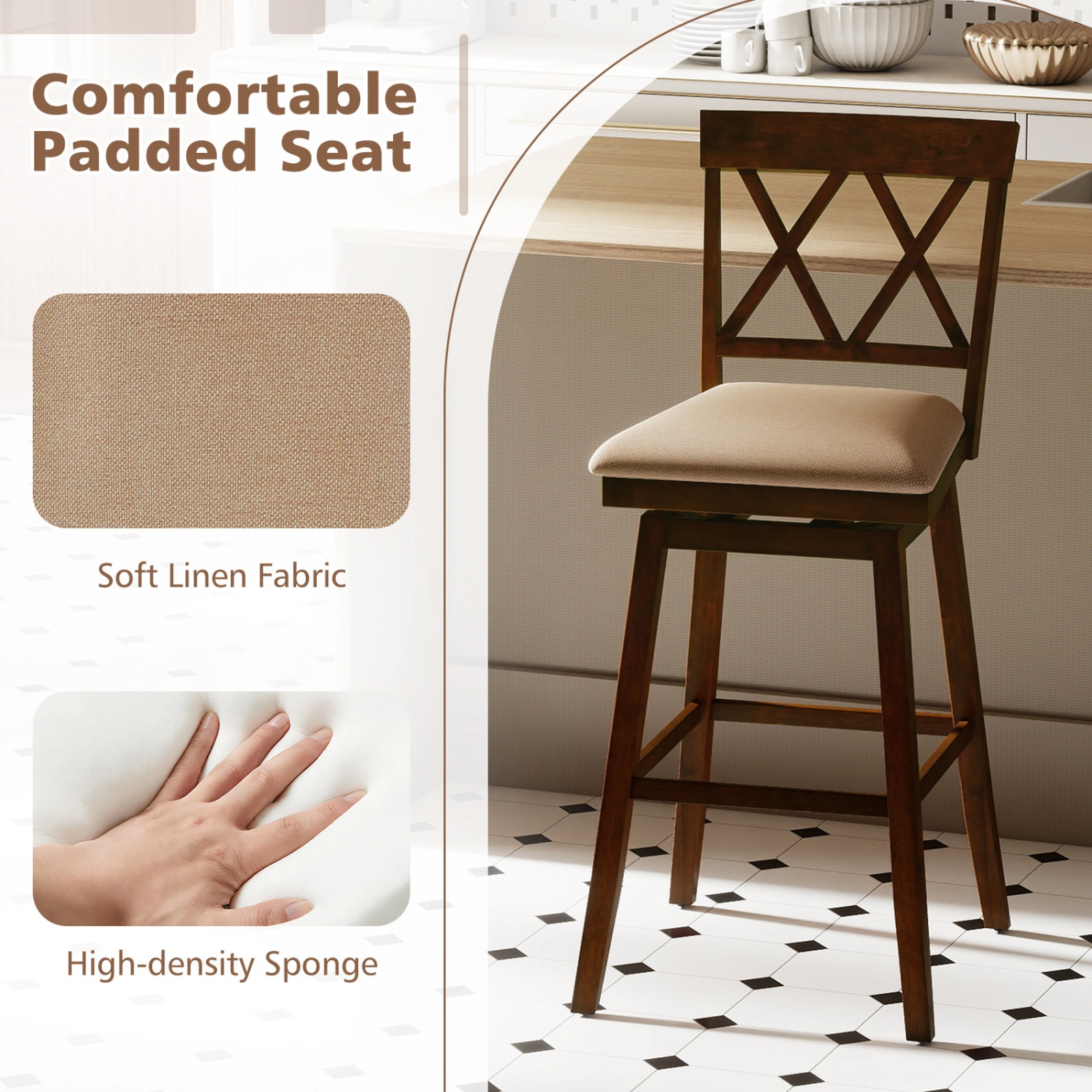 SUGIFT 24-In Counter Height Swivel Bar Stools Set of 4 with Backrest and Upholstered Seat 330-lb Capacity Oak/White