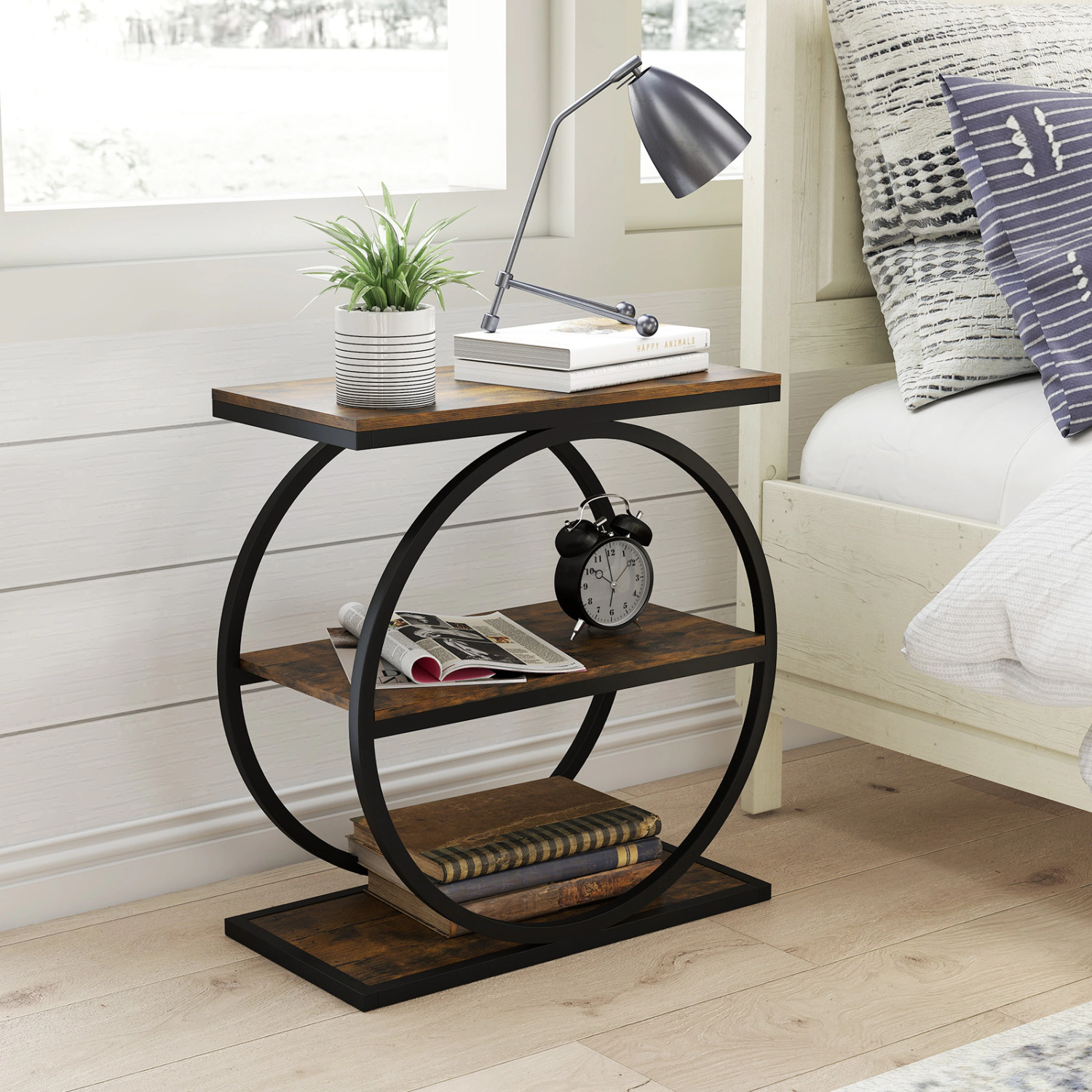 LJG Industrial Faux Marble Side Table with Metal Frame for Living Room Bedroom
