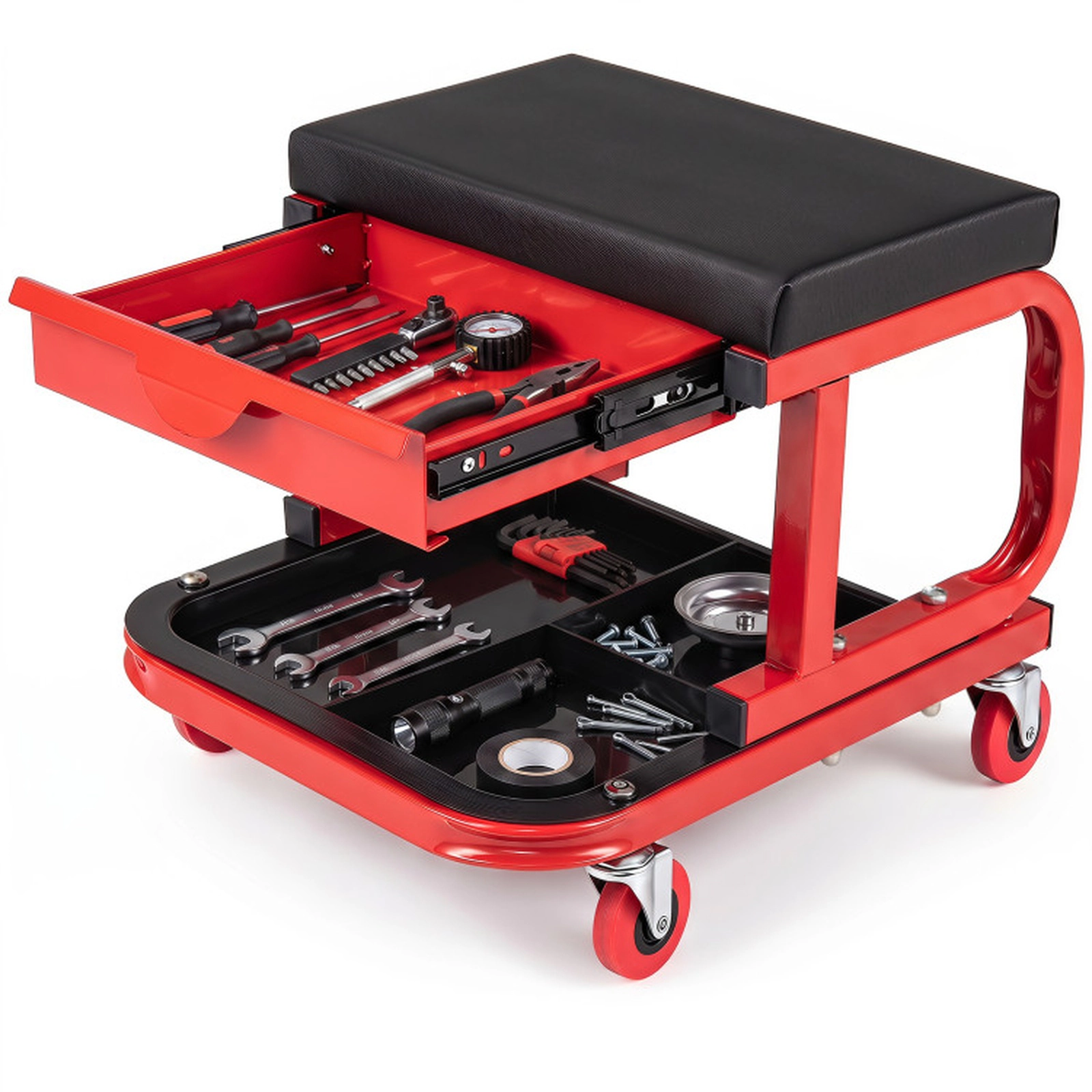 SUGIFT Mechanic Rolling Stool with Tool Trays and Magnetic Drawer 330-lb Capacity 17.5-in Frame with 14 x 9-in Seat Red