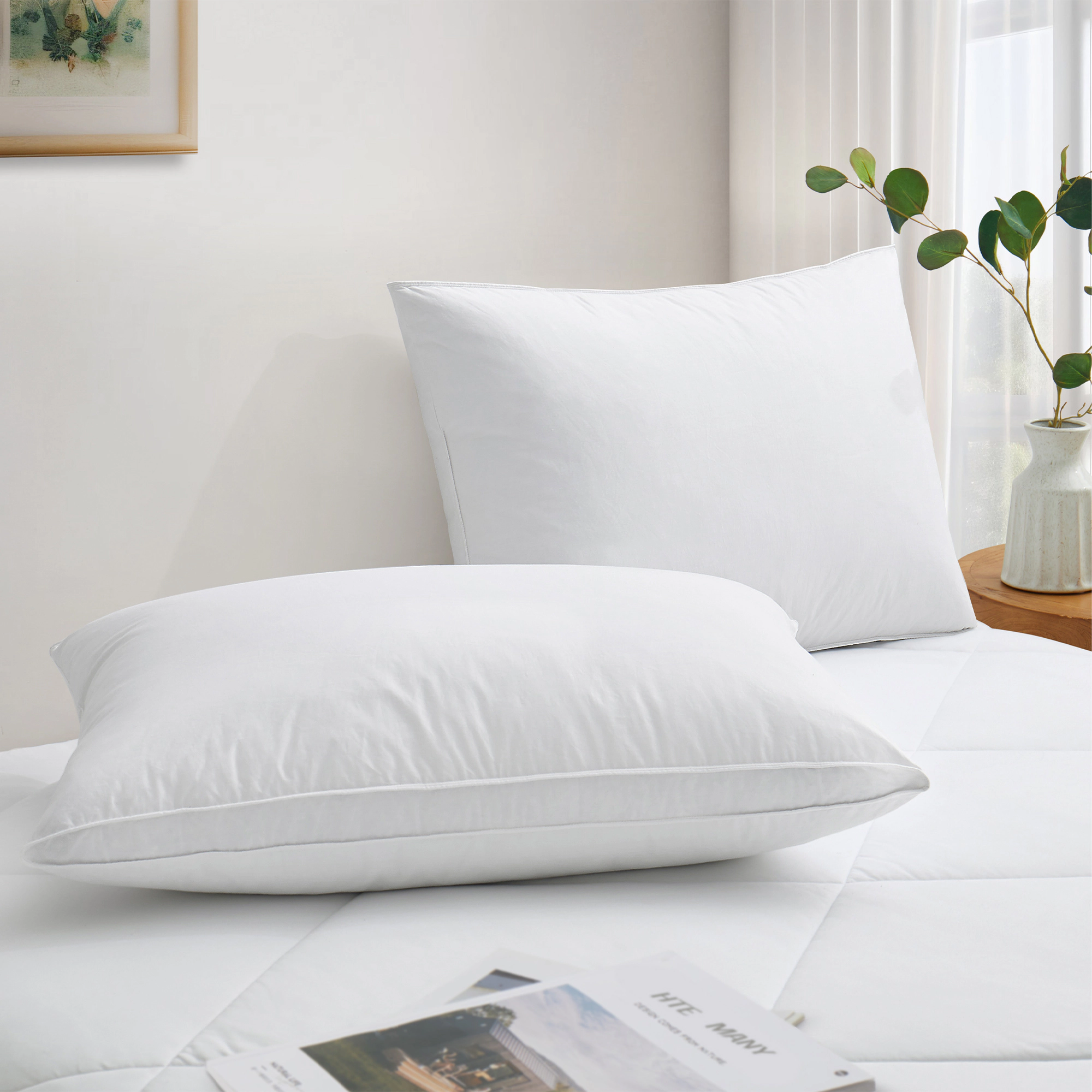 Peace Nest 2 Pack Goose Feather & Down Pillows,Medium Support for Back & Side Sleepers