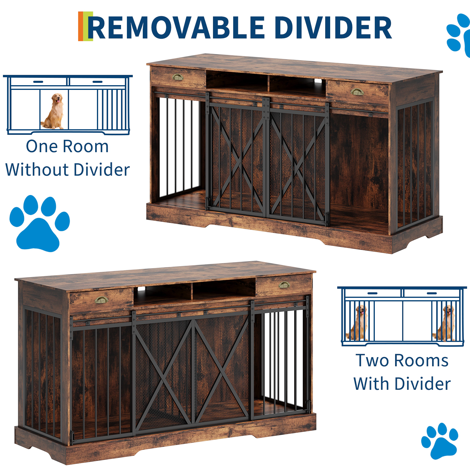 63" Extra Large Double Dog Crate with Removable Divider & 2 Drawers, Heavy Duty Furniture TV Stand