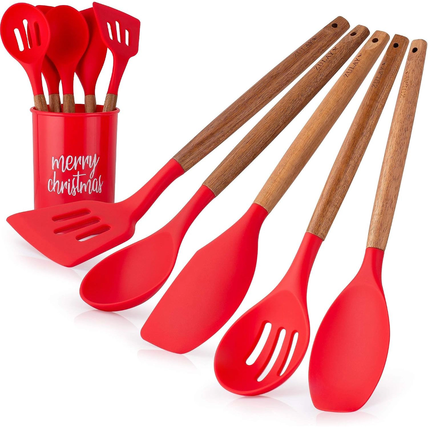 Zulay Kitchen Non-Stick Silicone & Acacia Wood 5-Piece Cooking Utensil Set with Holder