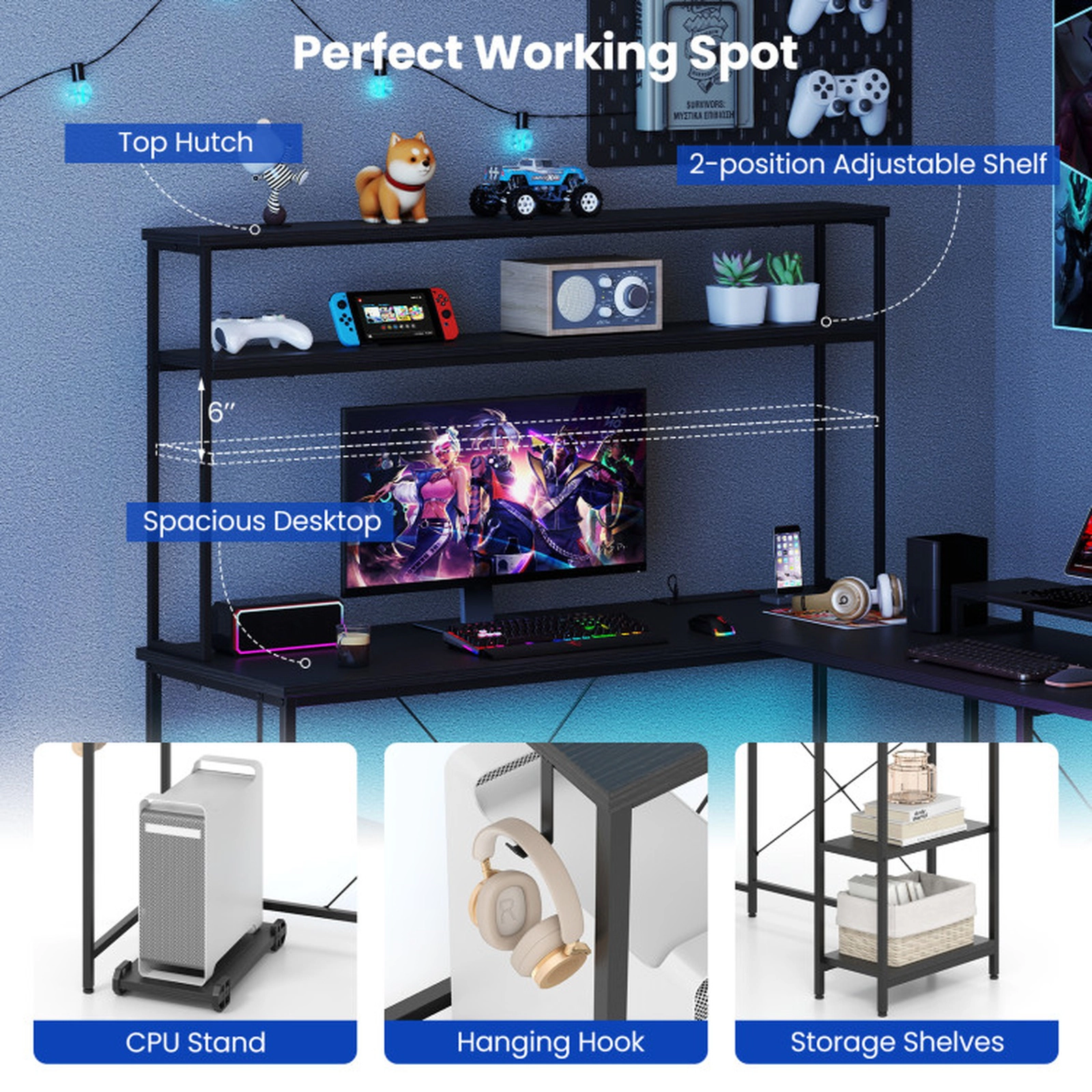 SUGIFT LED Light Strip 4 Outlets Hutch L-Shaped Gaming Computer Desk 57-in x 57-in x 58-in 310-lb Capacity Black