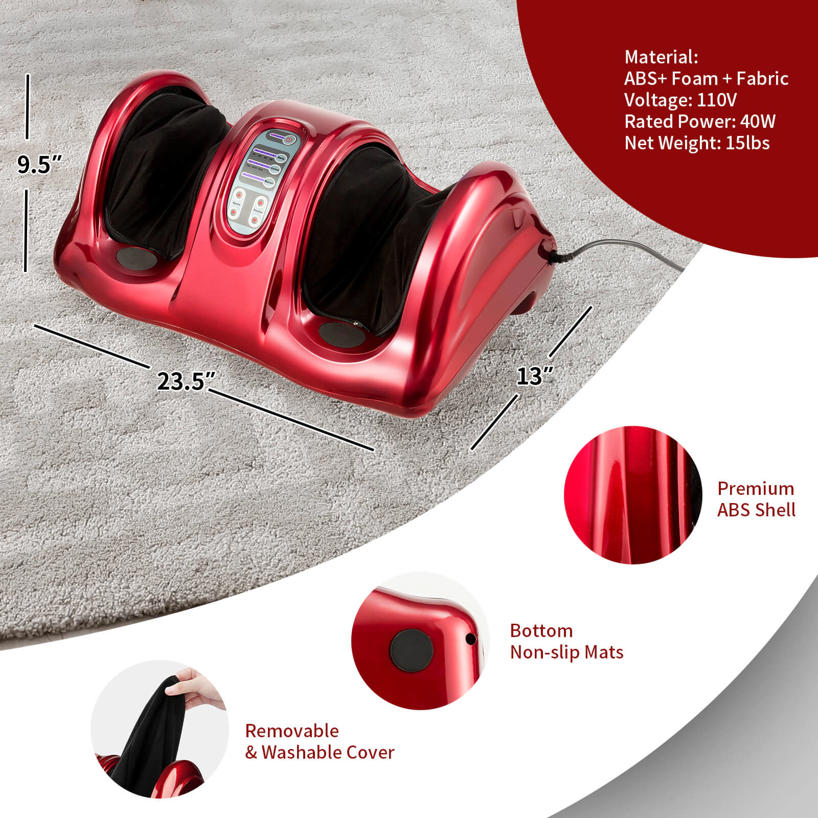 SUGIFT Therapeutic Shiatsu Foot Massager with High Intensity Rollers Red
