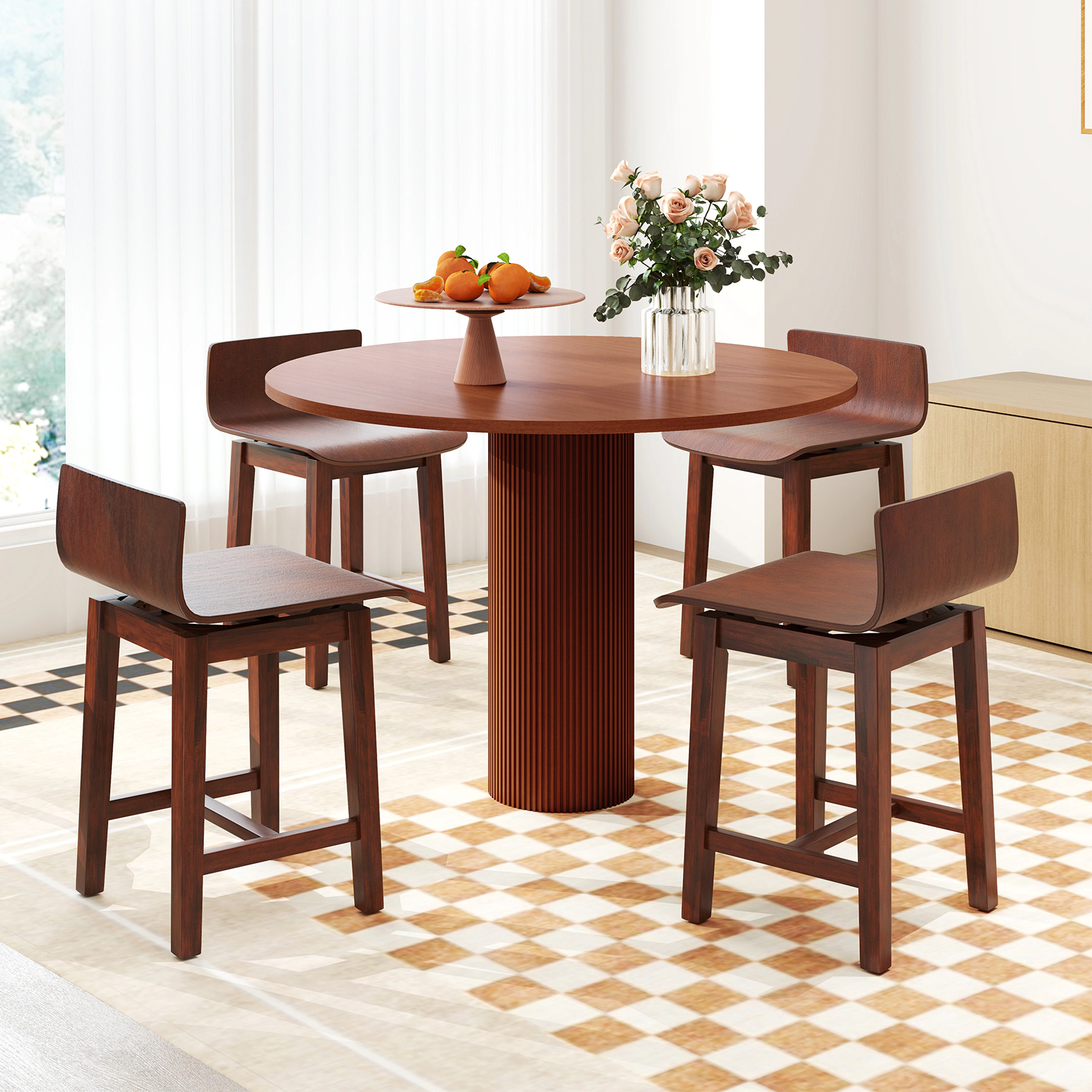 SUGIFT Walnut Swivel Low Back Curved Seat Footrest Set of 2 Dining Chairs