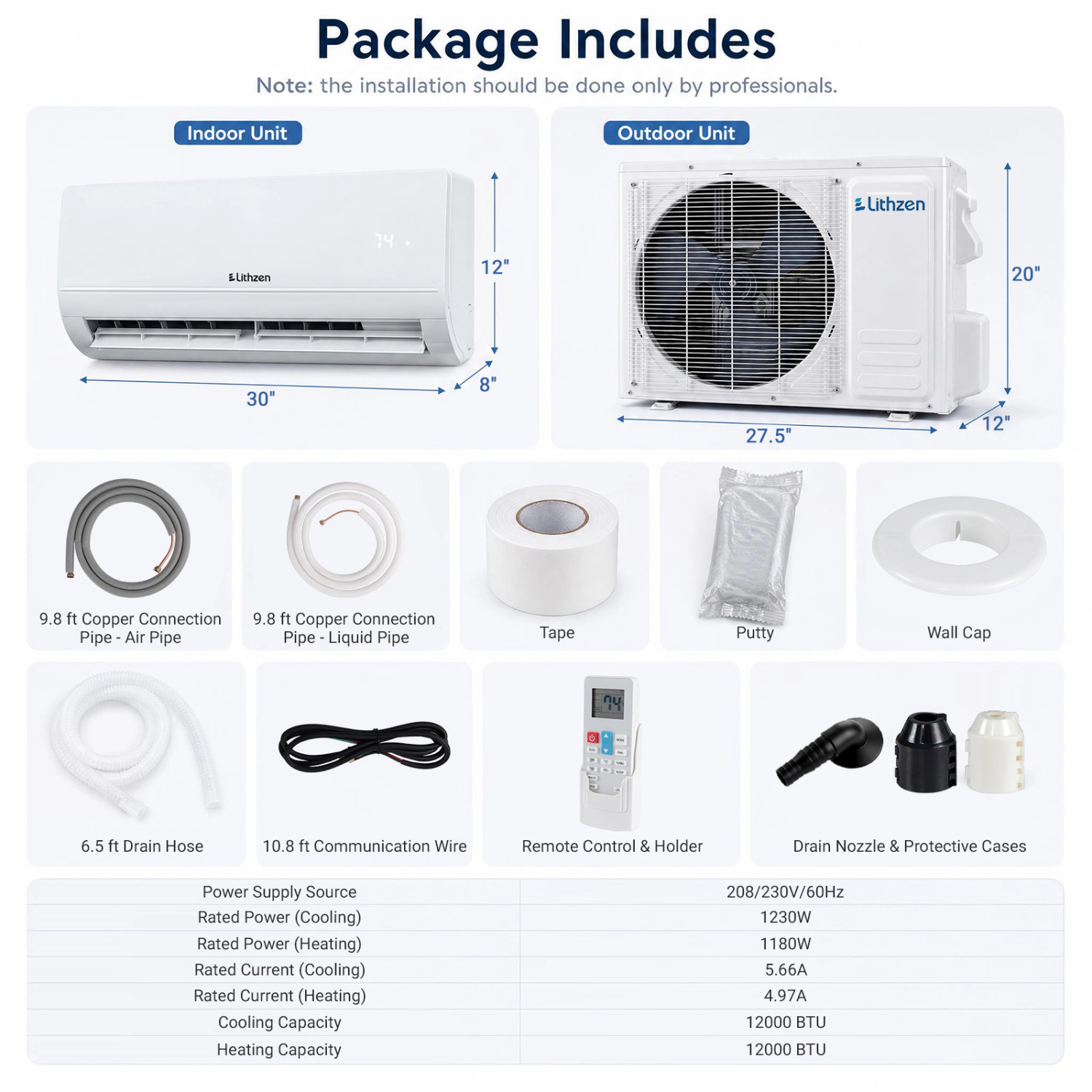 LJG Lithzen 12000 BTU 208-230V 17 SEER2 Mini Split Air Conditioner and Heater WiFi Enabled