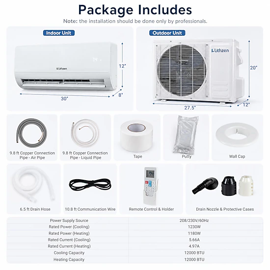 LJG Lithzen 12000 BTU 208-230V 17 SEER2 Mini Split Air Conditioner and Heater WiFi Enabled