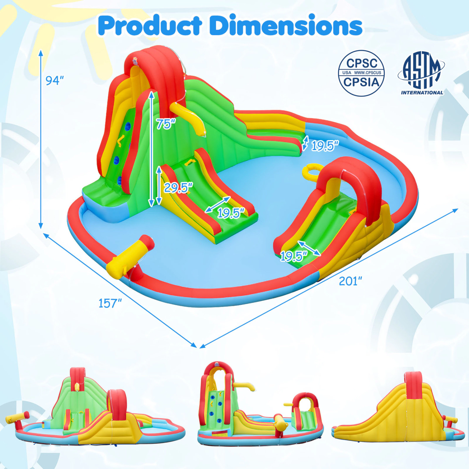 LJG Kids Inflatable Water Park with Splash Pool and 3 Water Slides (Blower Not Included)