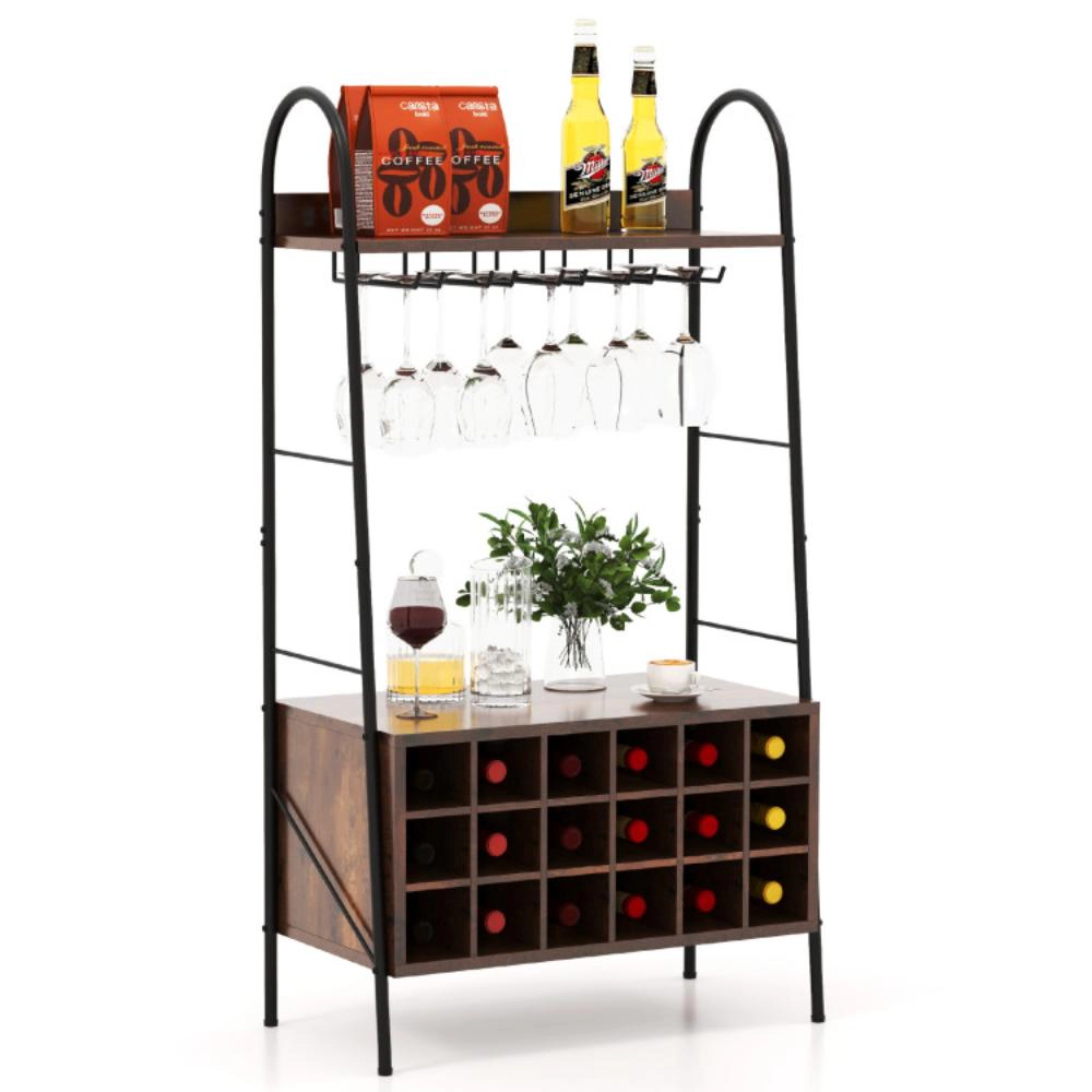 Hivvago Baker's Rack with Detachable Wine Rack and 5 Rows of Stemware Holder-Rustic Brown