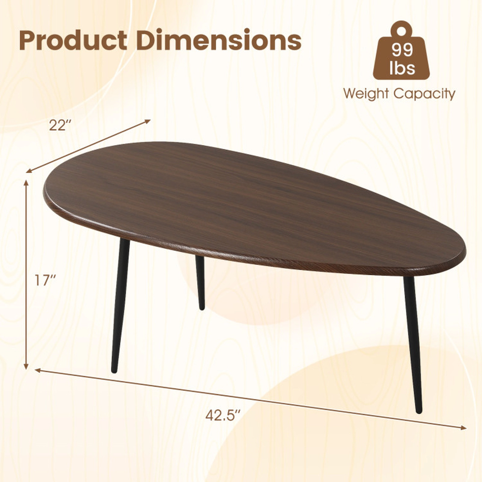 SUGIFT 42.5-in 99-lb Capacity Oval Mid Century Walnut Coffee Table with Metal Frame and Adjustable Pads