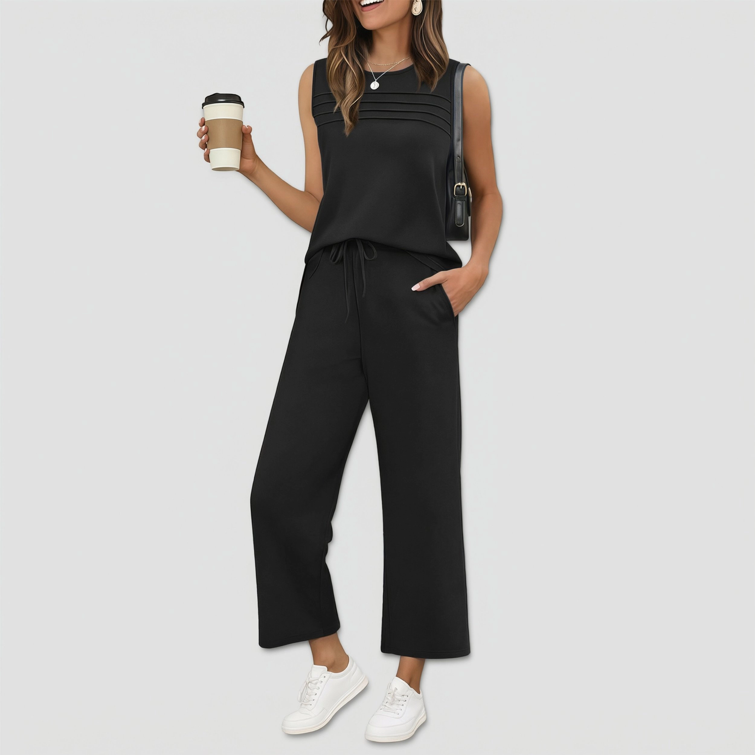 Ekouaer Women's Sleeveless Pleated Top & Wide Leg Drawstring Pant Set