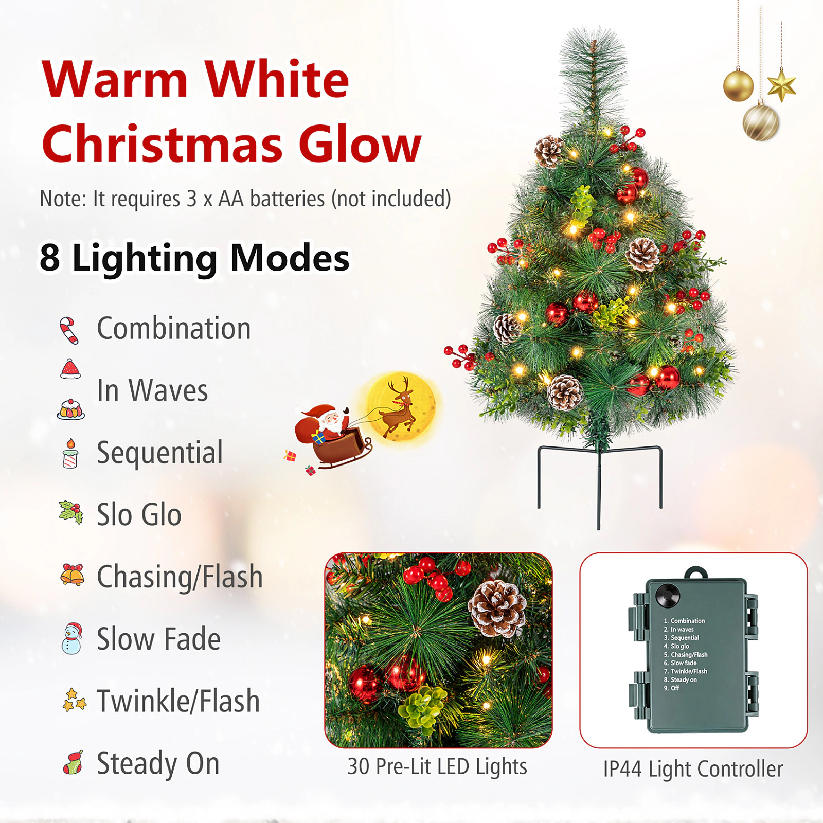 SUGIFT Set of 2 29-in Pre-Lit Pathway Christmas Trees Battery Powered with 30 LED Lights and Ground Stakes Green