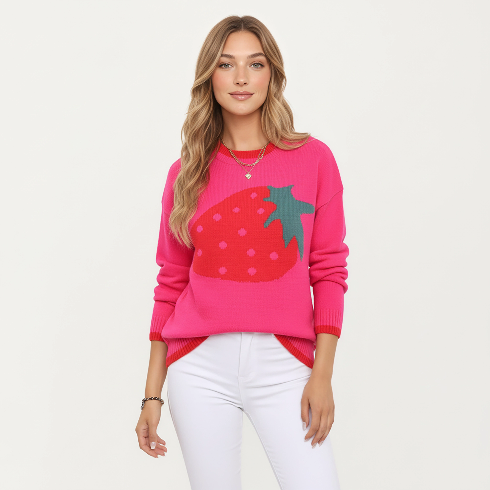 Anna-Kaci Women's Strawberry Graphic Knit Sweater with Cute Fruit Design Ribbed Crew Neckline and Relaxed Fit