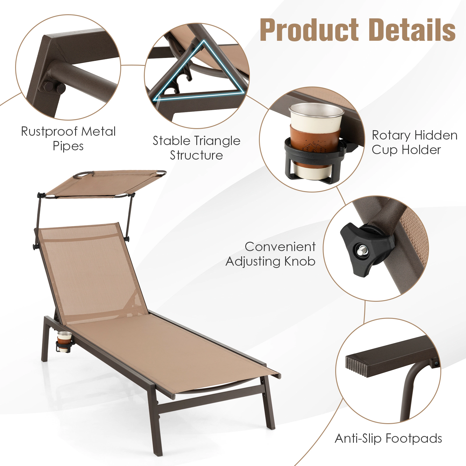 Hivvago Outdoor Chaise Lounge Chair with Sunshade and 6 Adjustable Position