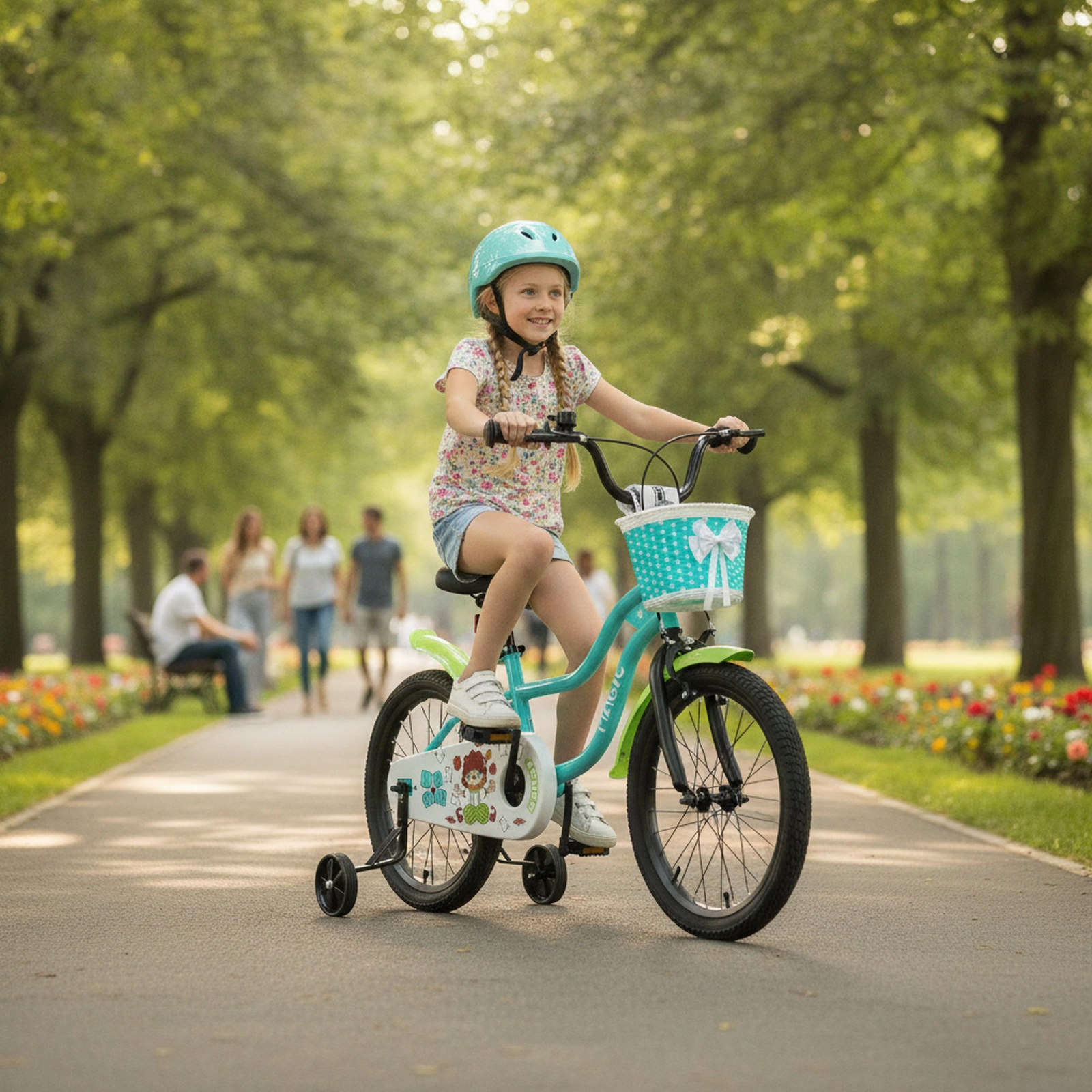 18-in Kids Bike Green Training Wheels Front Basket Bell Ages 4-8 Bicycle Adjustable Saddle Mudguards 132-lb Capacity