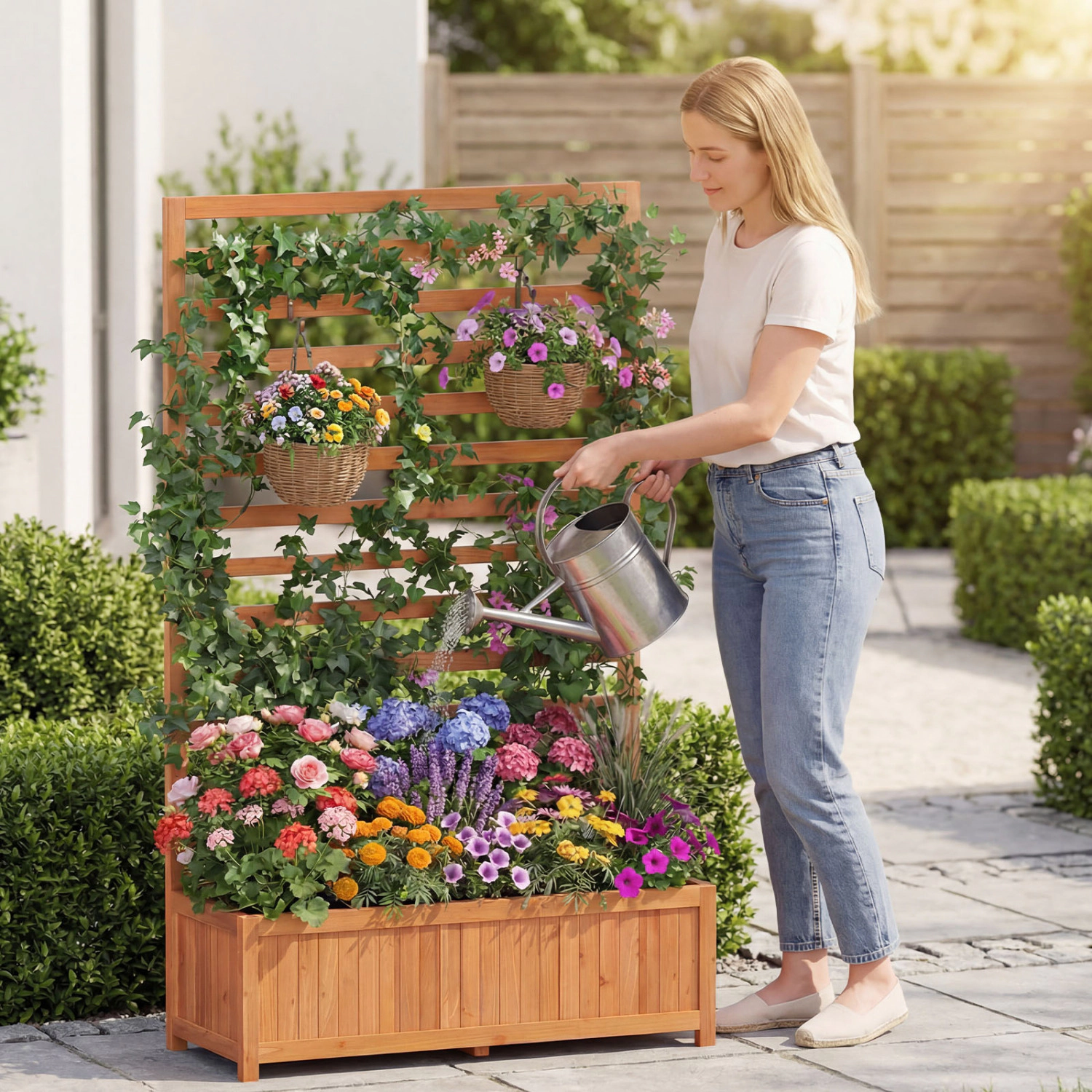 LJG Wooden Raised Garden Bed 59 Inch Tall Elevated Planter Box with Vertical Trellis