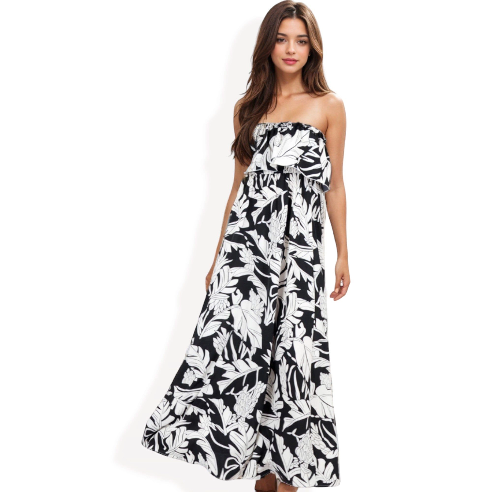 Anna-Kaci Women's Strapless Ruffle Detail Layered Floral Print Flared Maxi Dress