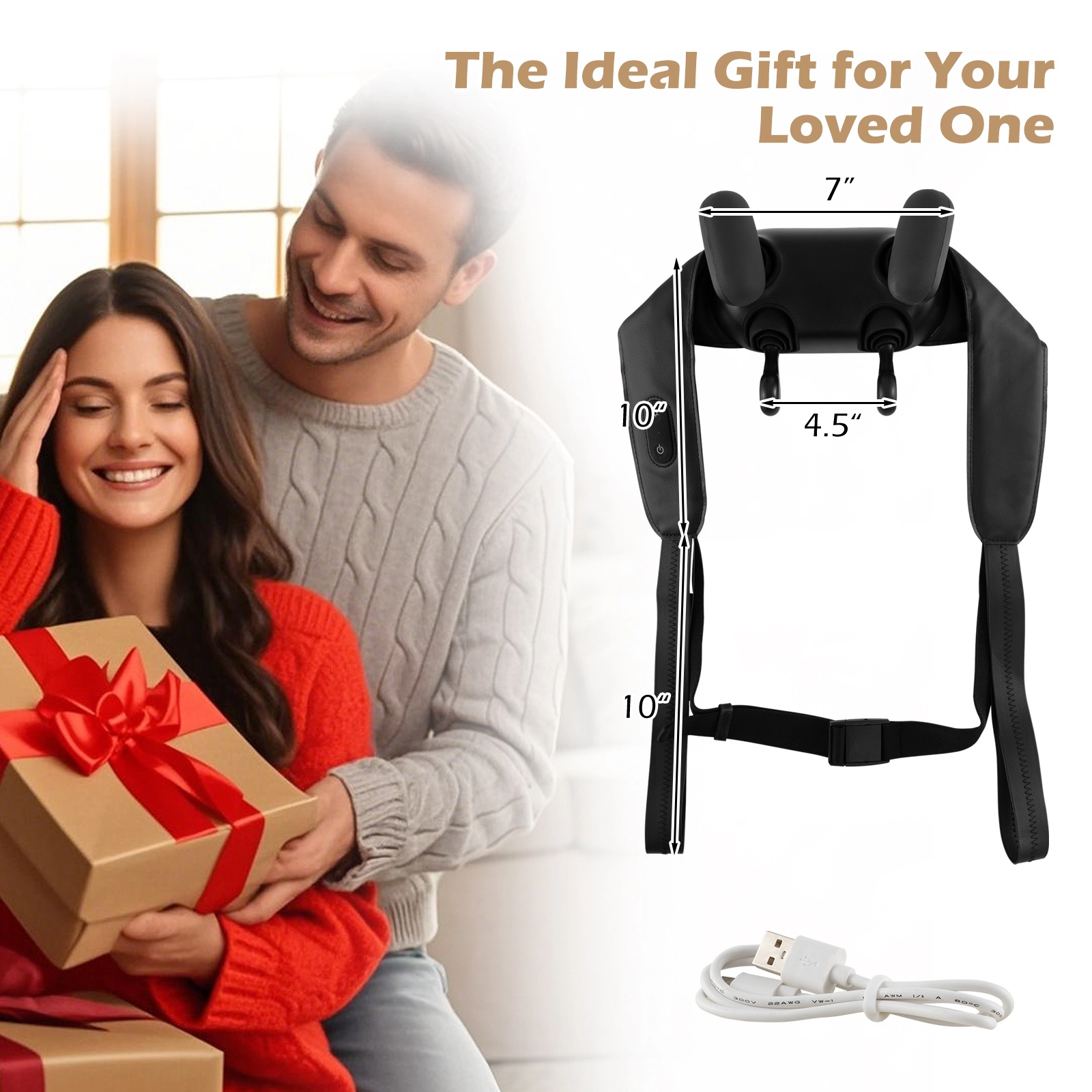 SUGIFT Shiatsu Neck Shoulder Massager with Pulling Handles 2 Heat Levels and Auto Shutoff Cordless Design Beige/Black