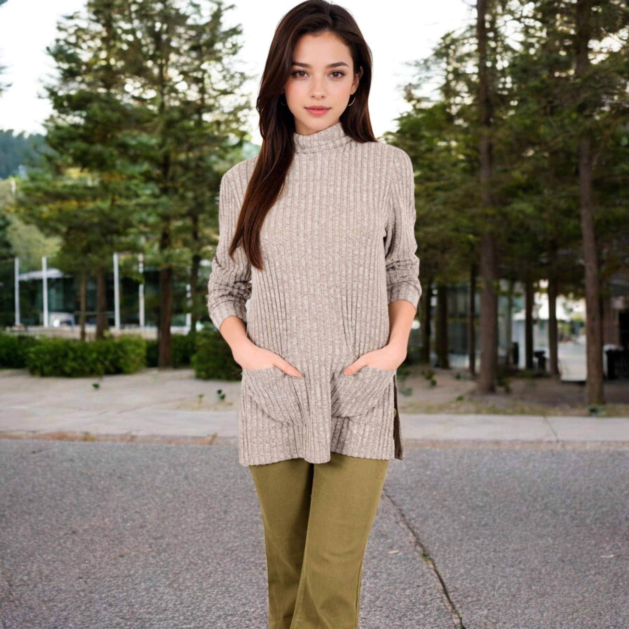 Anna-Kaci Women's Ribbed Knit Turtleneck Tunic Sweater with Front Pockets