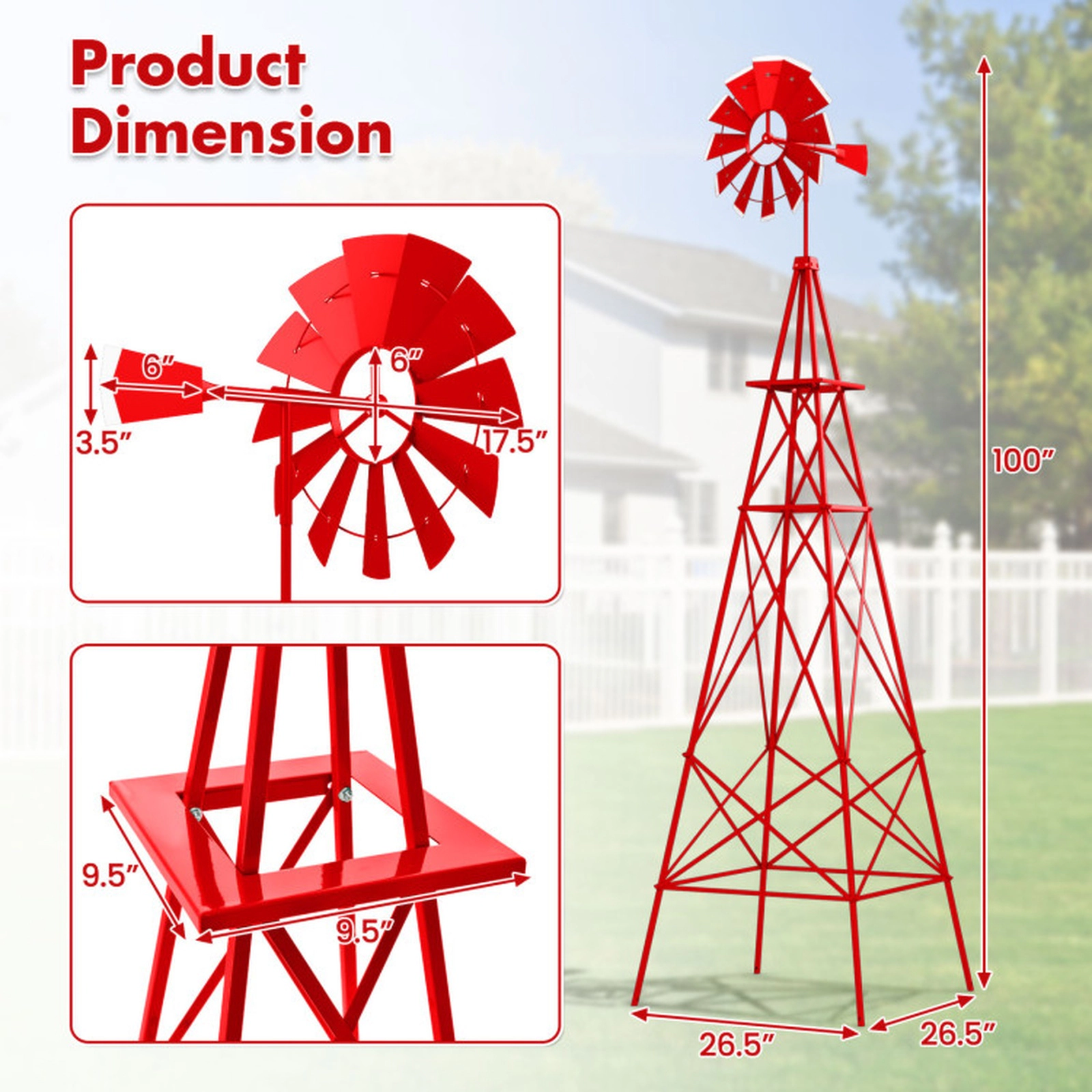 SUGIFT 8-ft Red Metal Garden Windmill Weathervane with 12 Rotating Blades 26.5-in W 26.5-in D 100-in H