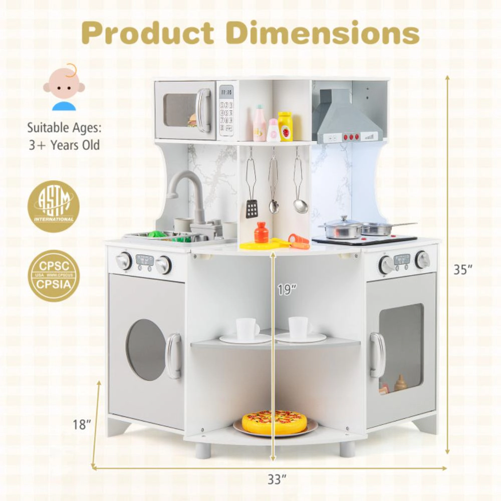 Hivvago Kids Corner Wooden Play Kitchen with Range Hood and Stoves-Gray