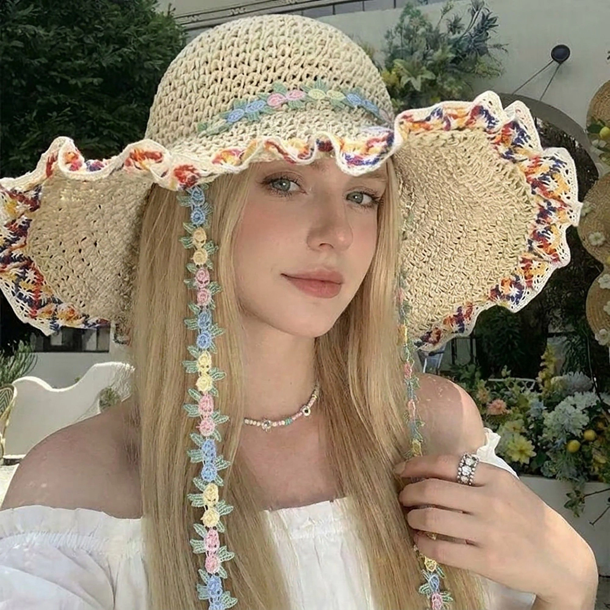 Anna-Kaci Women's Crochet Wide Brim Sun Hat with Floral Trim Wavy Edge and Decorative Chin Strap