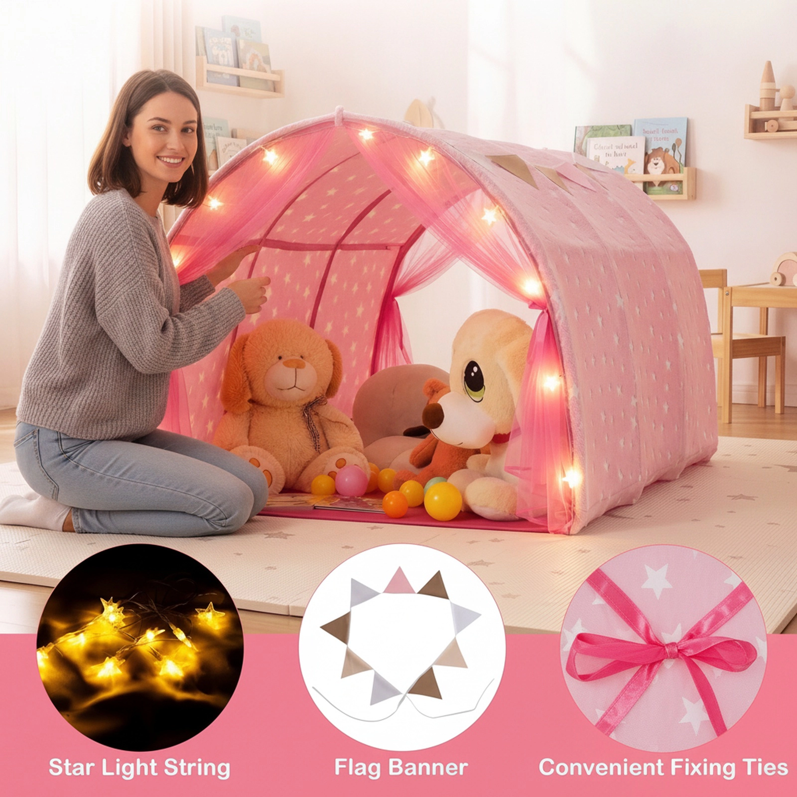 Kids Bed Canopy Tent for Twin Bunk Bed Pink with Glow in the Dark Stars Light String and Flag